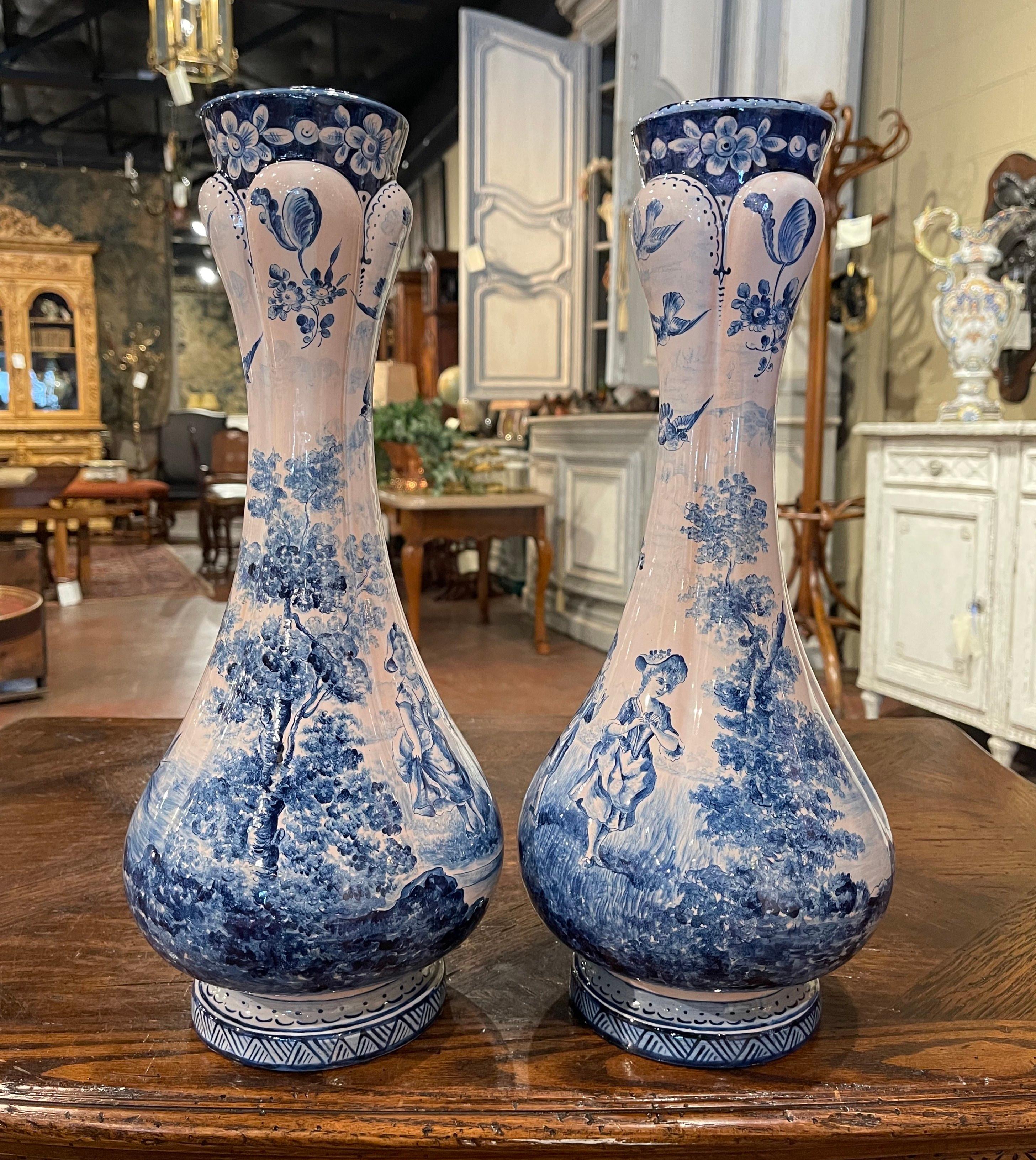 Hand-Crafted Pair of 19th Century French Delft Style Faience Vases with Blue and White Decor