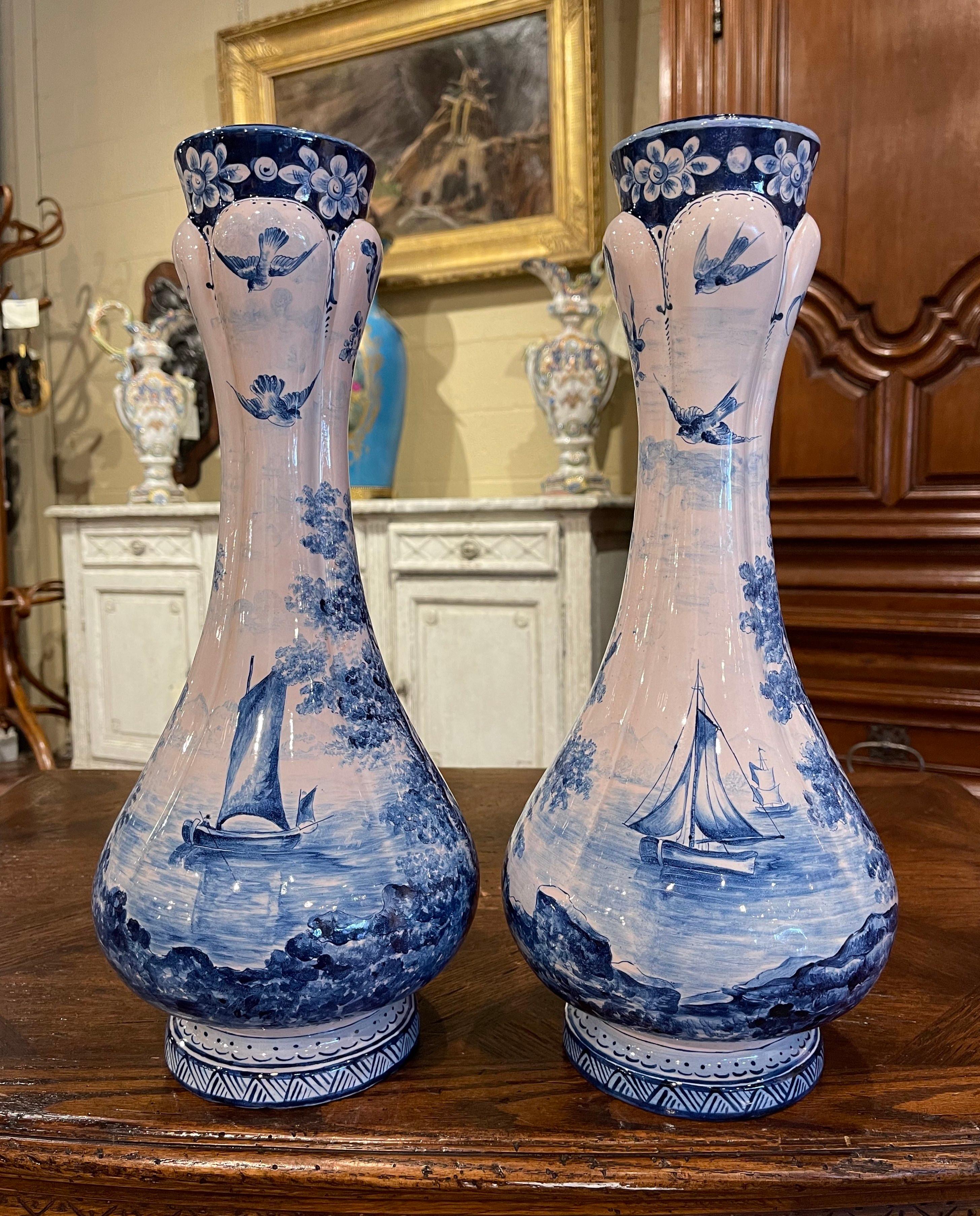 Pair of 19th Century French Delft Style Faience Vases with Blue and White Decor 1