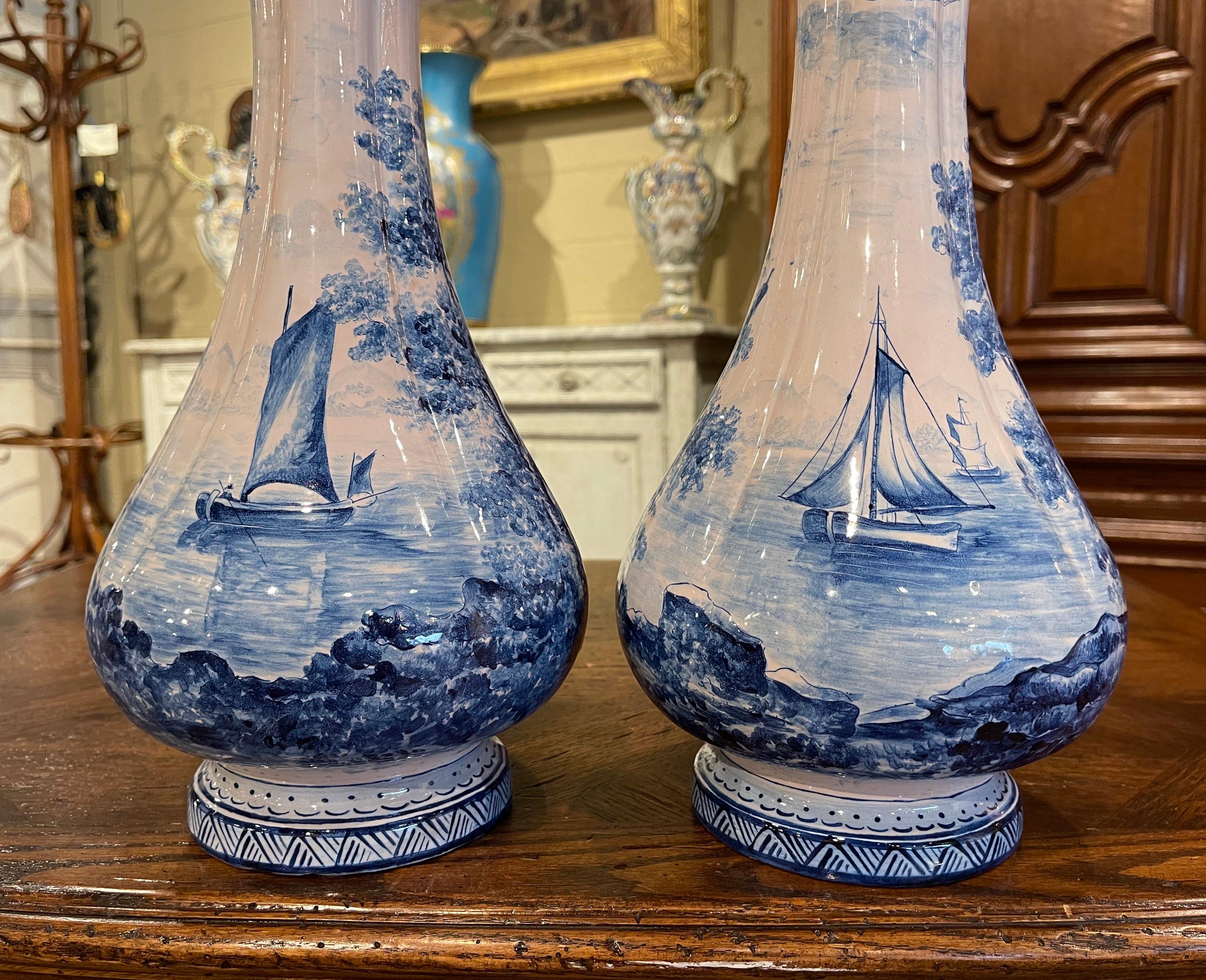 Pair of 19th Century French Delft Style Faience Vases with Blue and White Decor 2