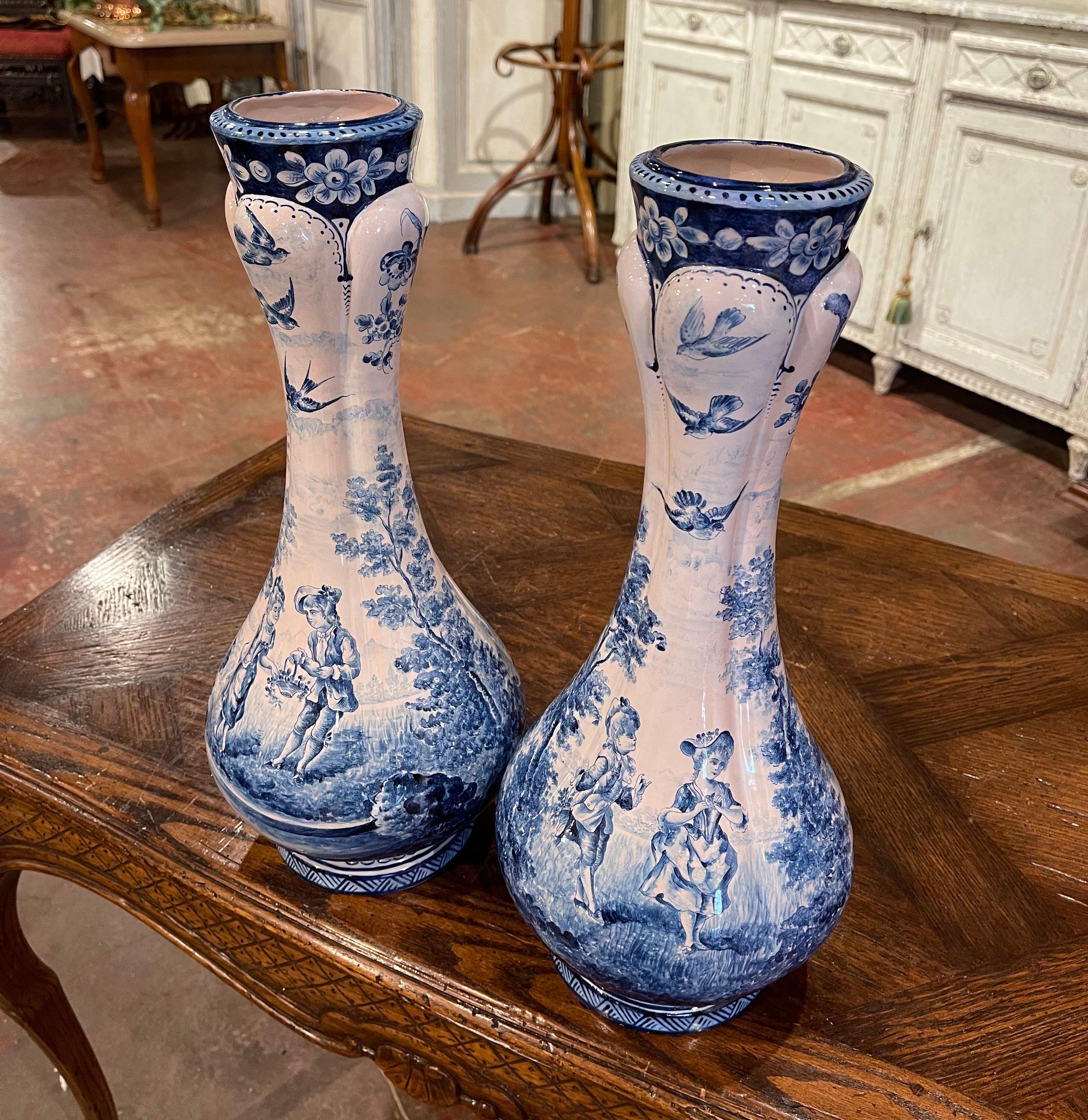 Pair of 19th Century French Delft Style Faience Vases with Blue and White Decor 3
