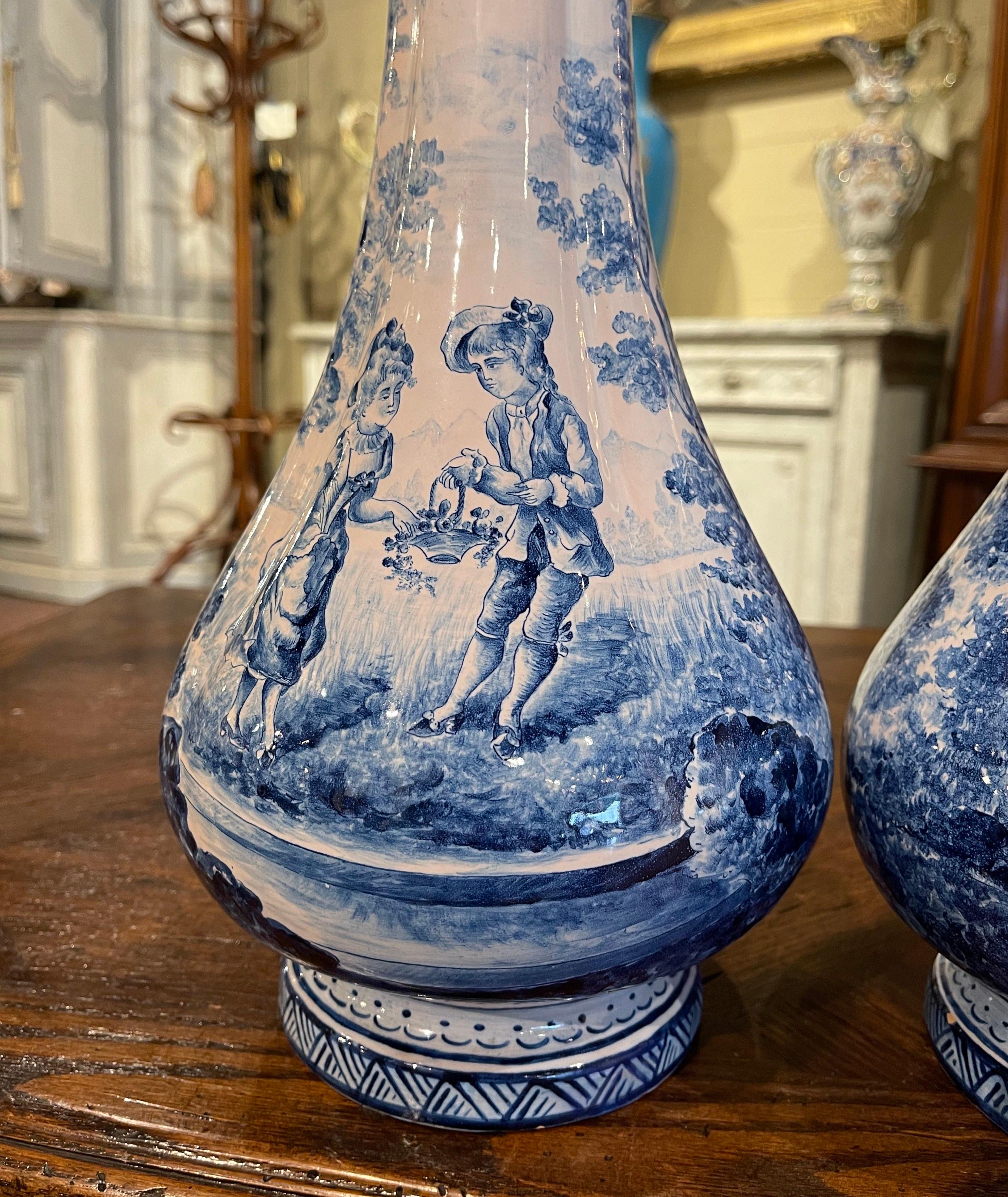 Pair of 19th Century French Delft Style Faience Vases with Blue and White Decor 4