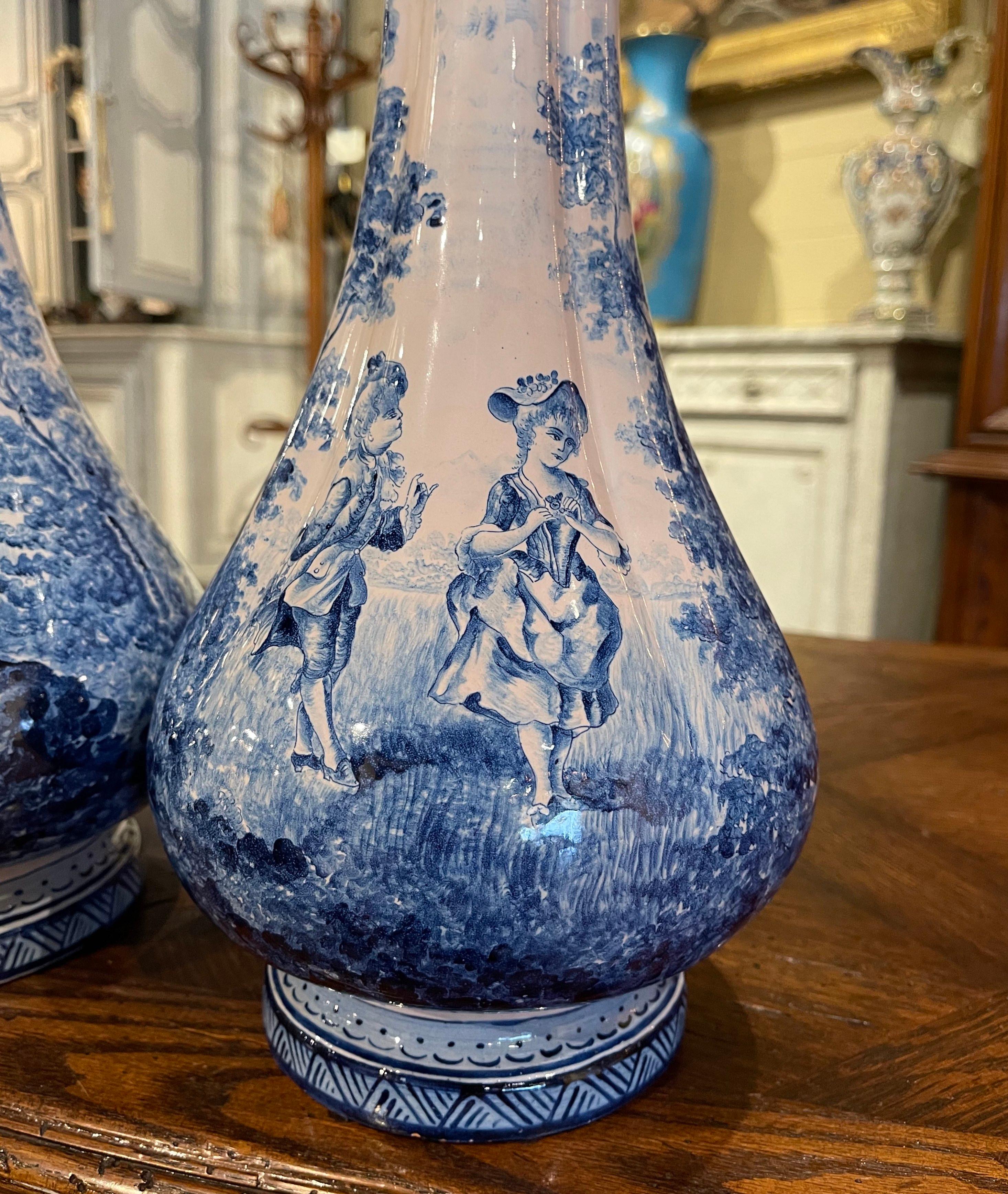 Pair of 19th Century French Delft Style Faience Vases with Blue and White Decor 5