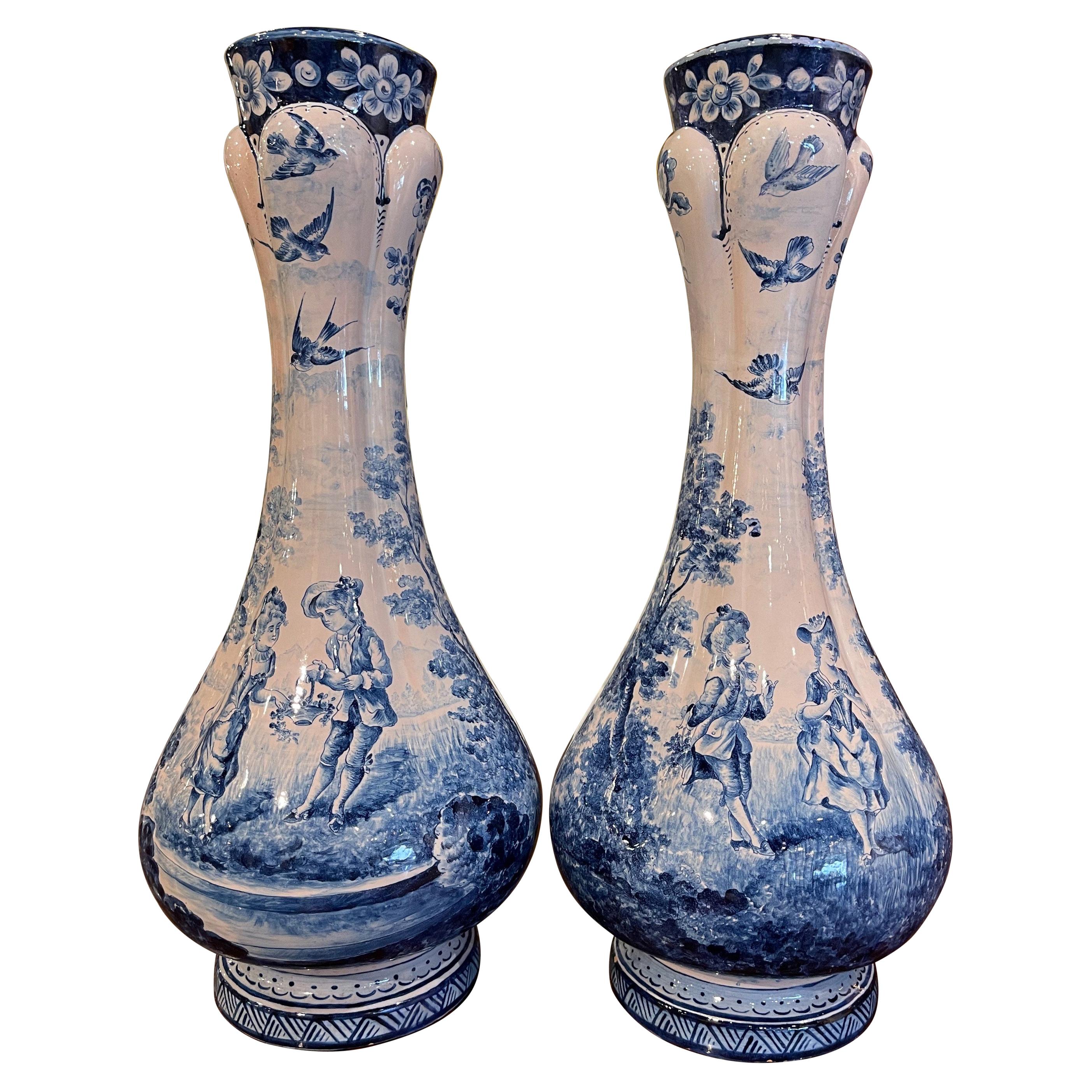 Pair of 19th Century French Delft Style Faience Vases with Blue and White Decor
