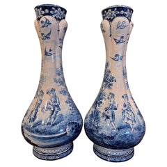 Pair of 19th Century French Delft Style Faience Vases with Blue and White Decor