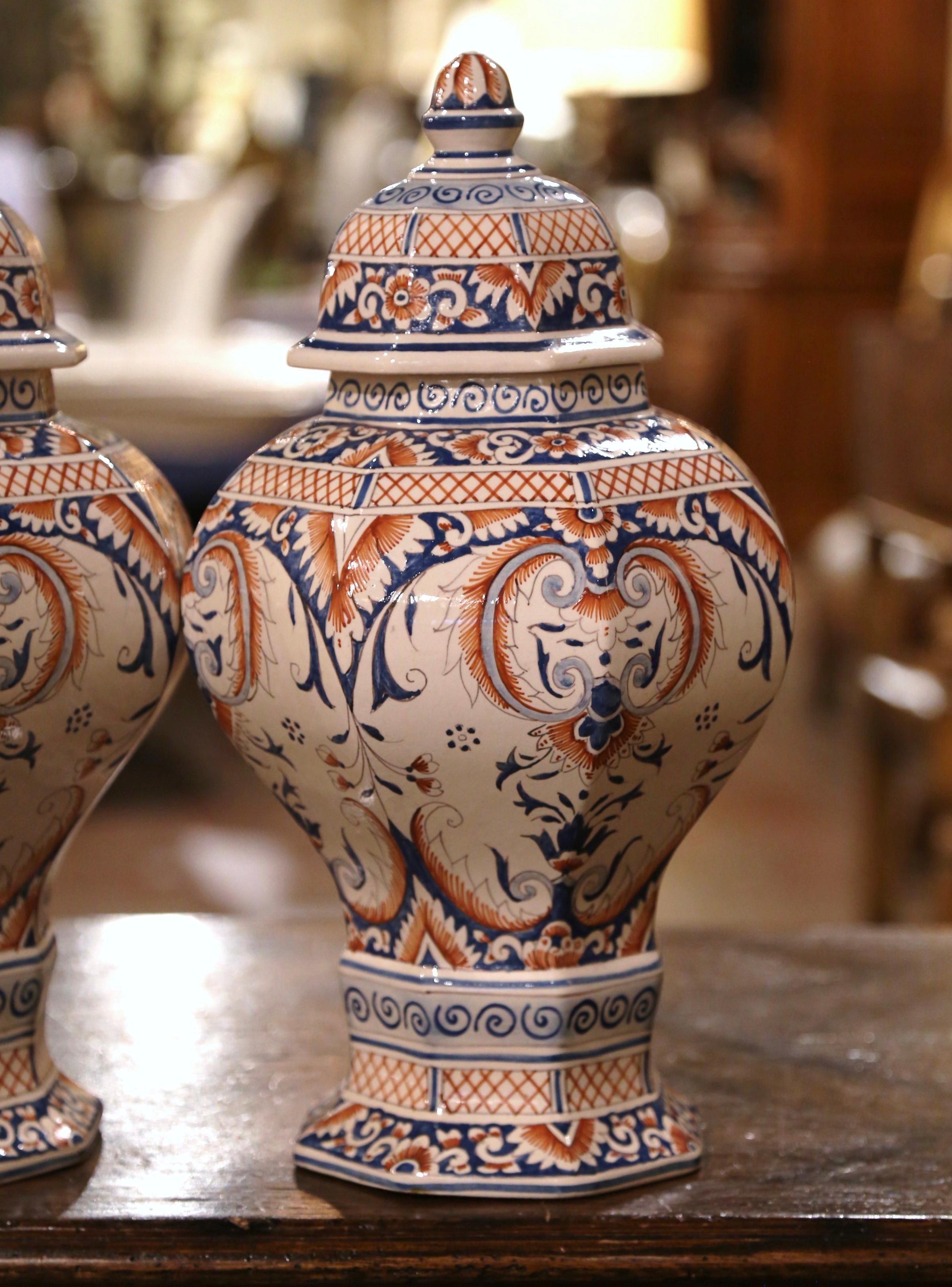 Hand-Crafted Pair of 19th Century French Desvres Hand Painted Faience Ginger Jars
