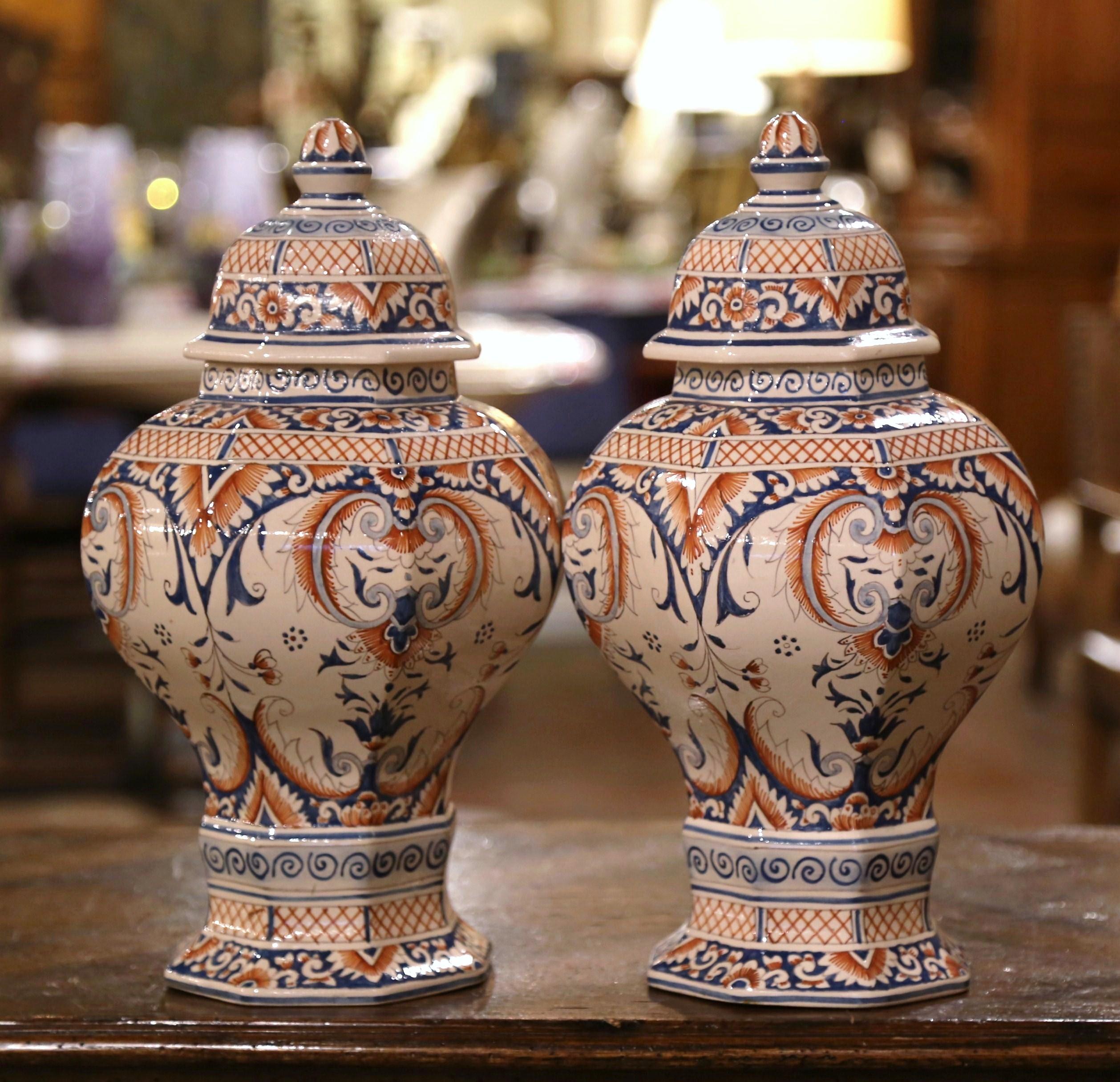 Pair of 19th Century French Desvres Hand Painted Faience Ginger Jars 1