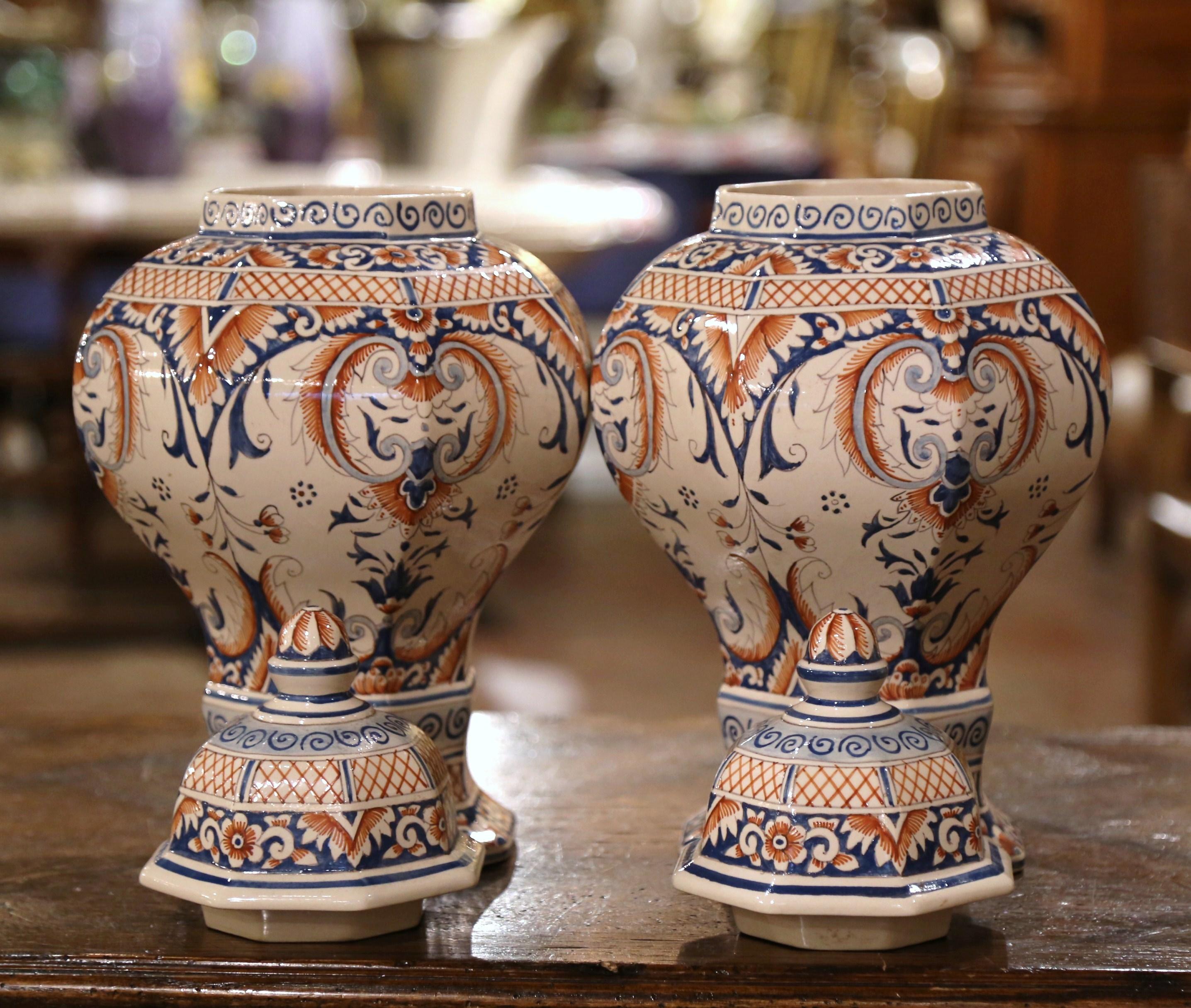 Pair of 19th Century French Desvres Hand Painted Faience Ginger Jars 2