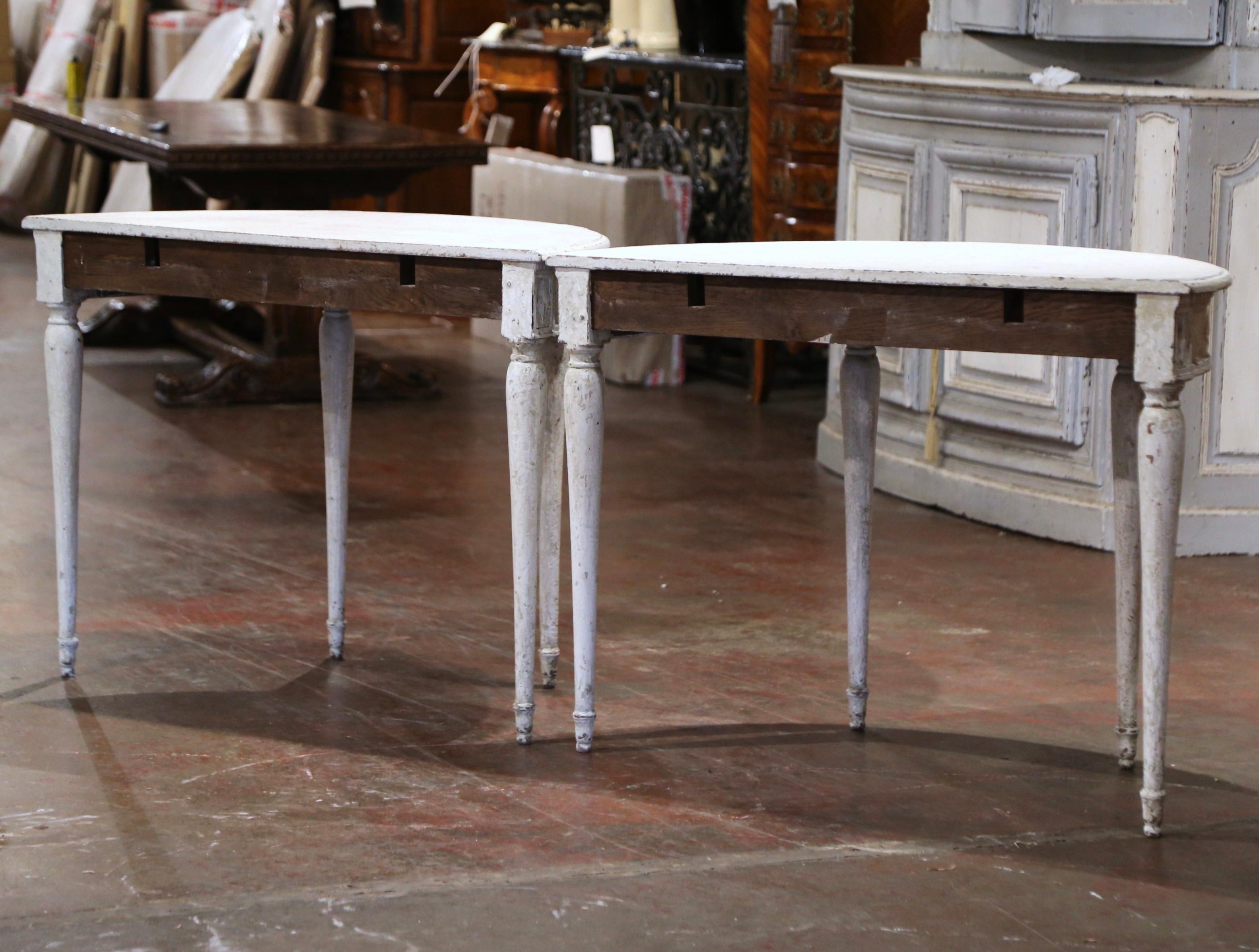 Pair of 19th Century French Directoire Carved Painted Demilune Console Tables For Sale 4
