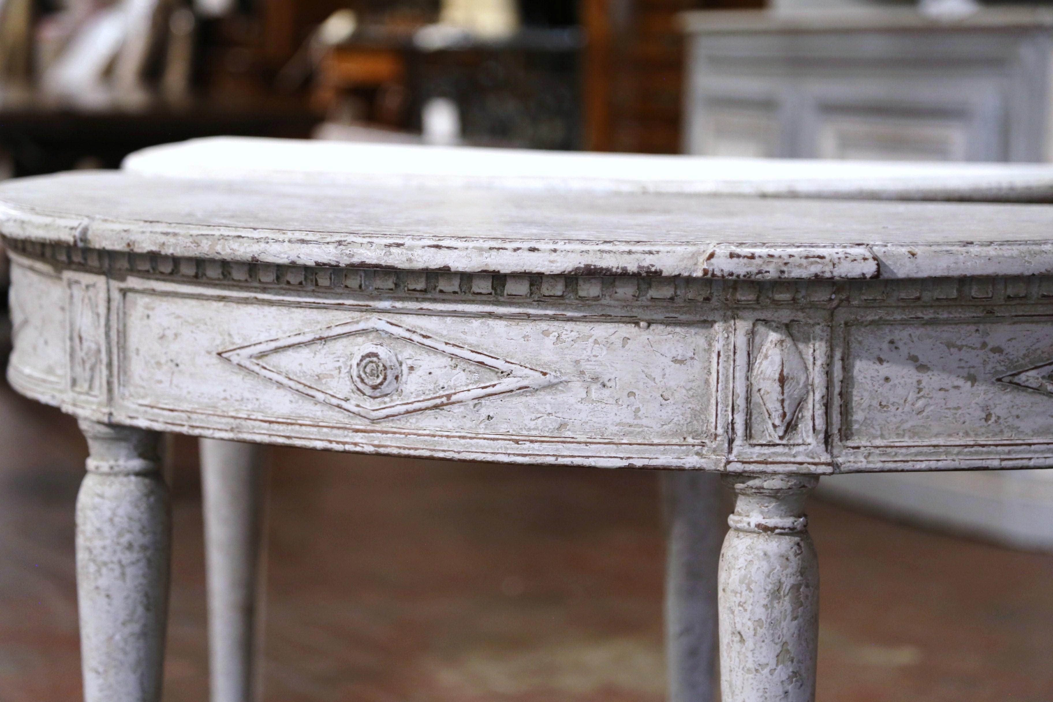Hand-Painted Pair of 19th Century French Directoire Carved Painted Demilune Console Tables For Sale