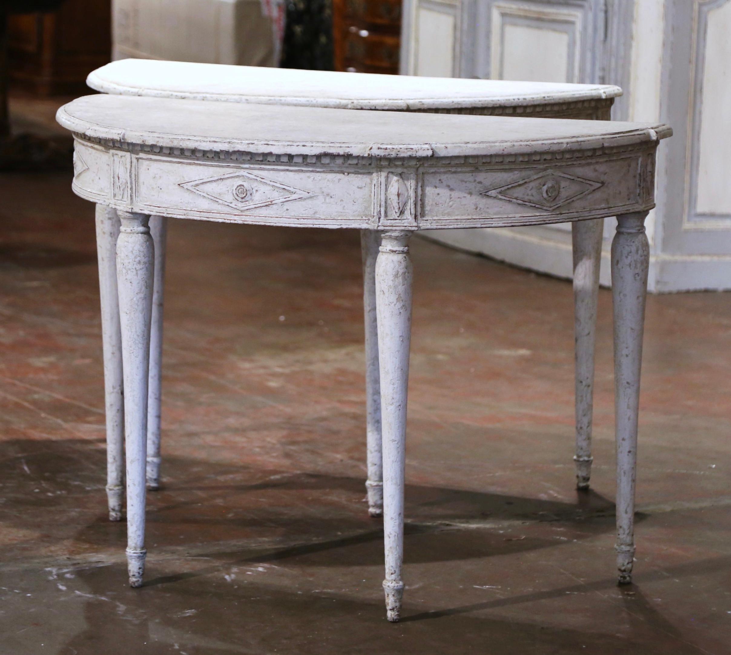 Pair of 19th Century French Directoire Carved Painted Demilune Console Tables For Sale 1