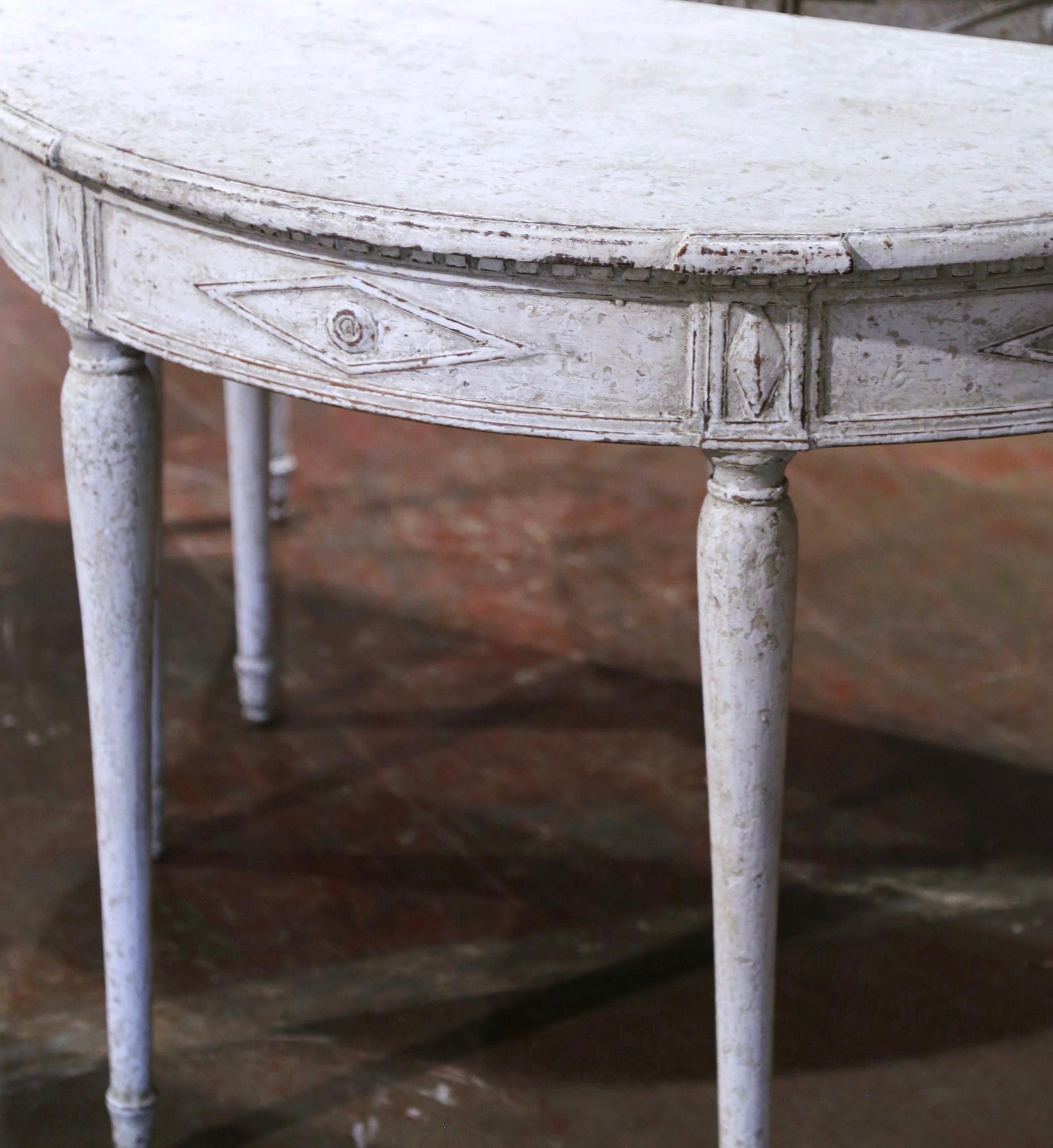 Pair of 19th Century French Directoire Carved Painted Demilune Console Tables For Sale 2