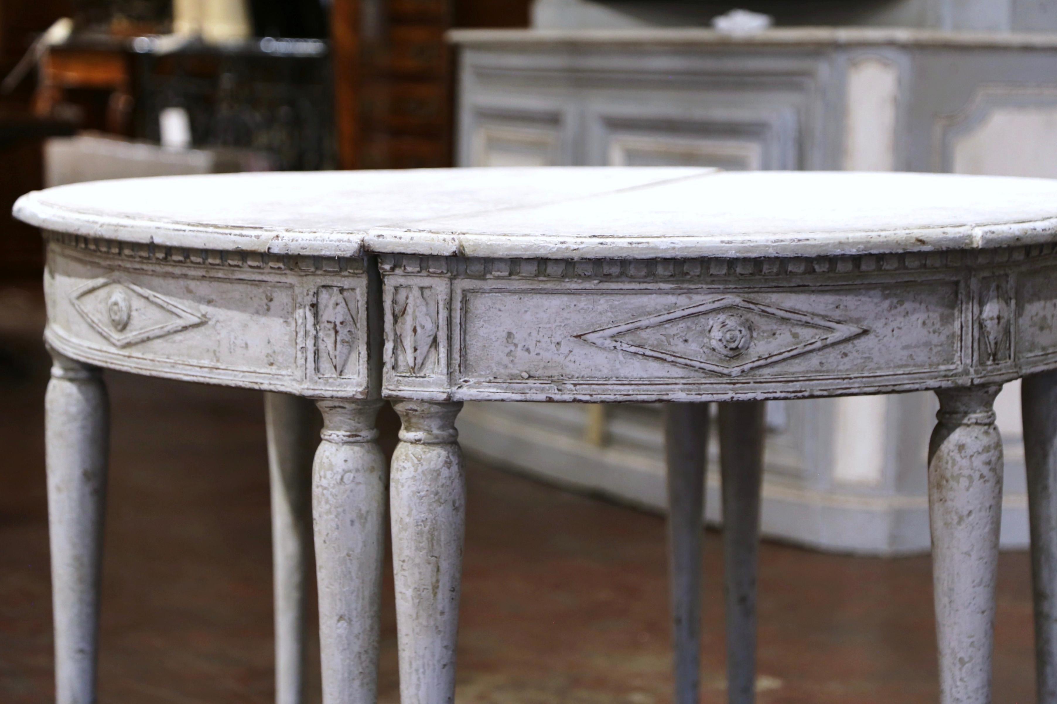 Pair of 19th Century French Directoire Carved Painted Demilune Console Tables For Sale 4