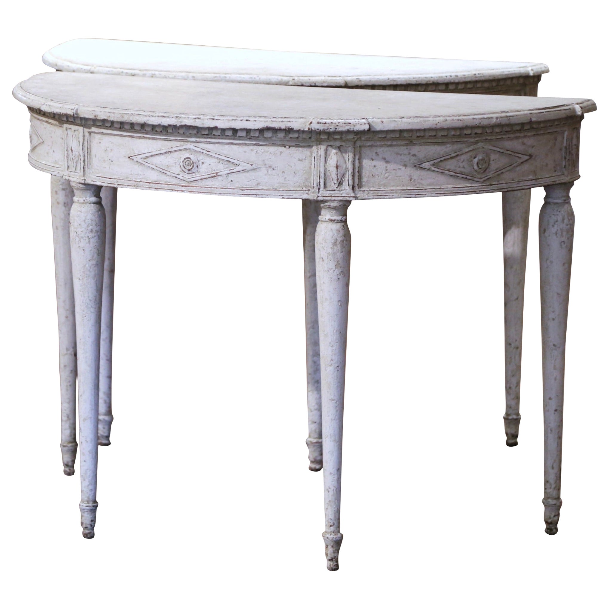 Pair of 19th Century French Directoire Carved Painted Demilune Console Tables