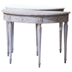 Pair of 19th Century French Directoire Carved Painted Demilune Console Tables