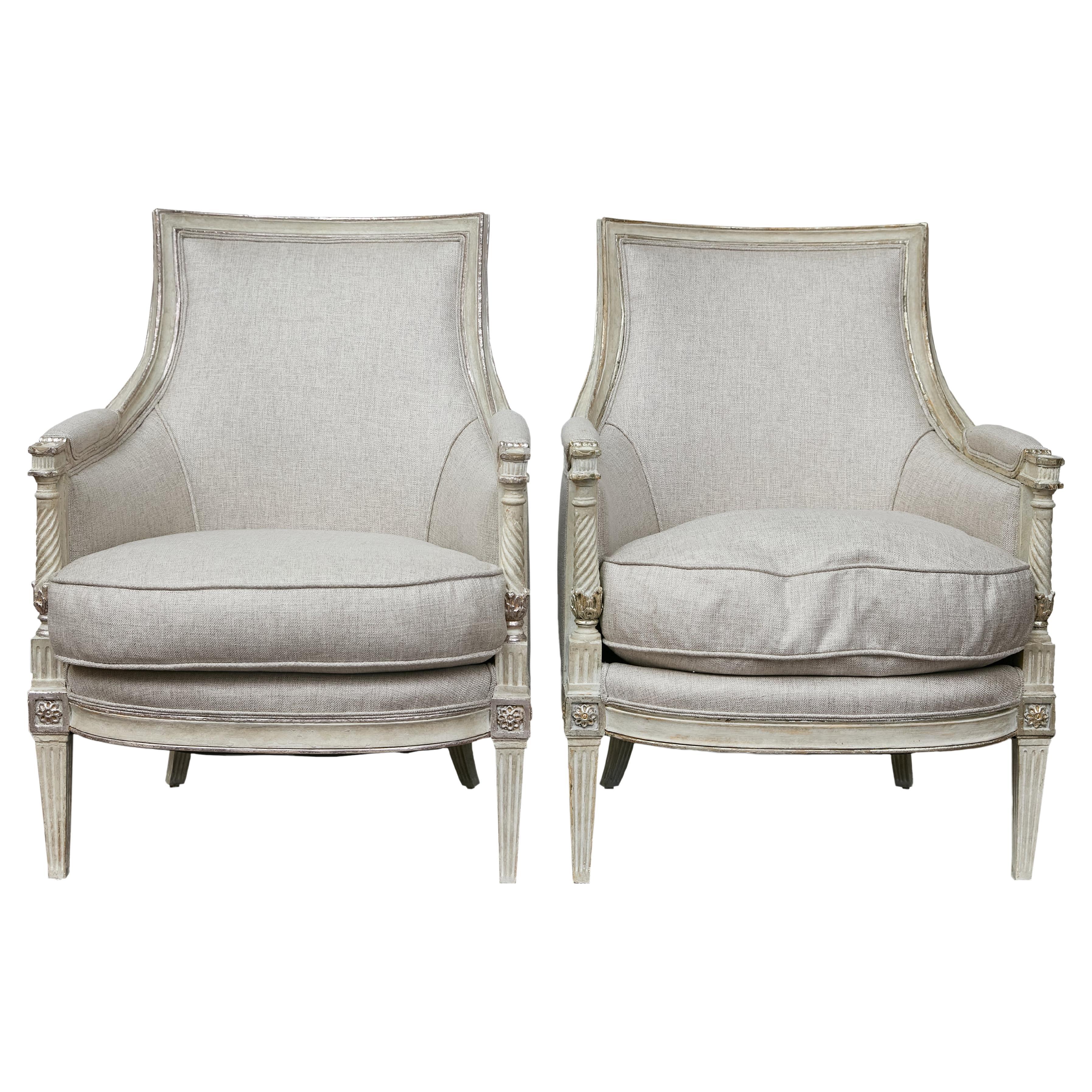 Pair of 19th Century French Directoire Upholstered Bergères with Twisted Columns