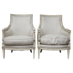 Pair of 19th Century French Directoire Upholstered Bergères with Twisted Columns