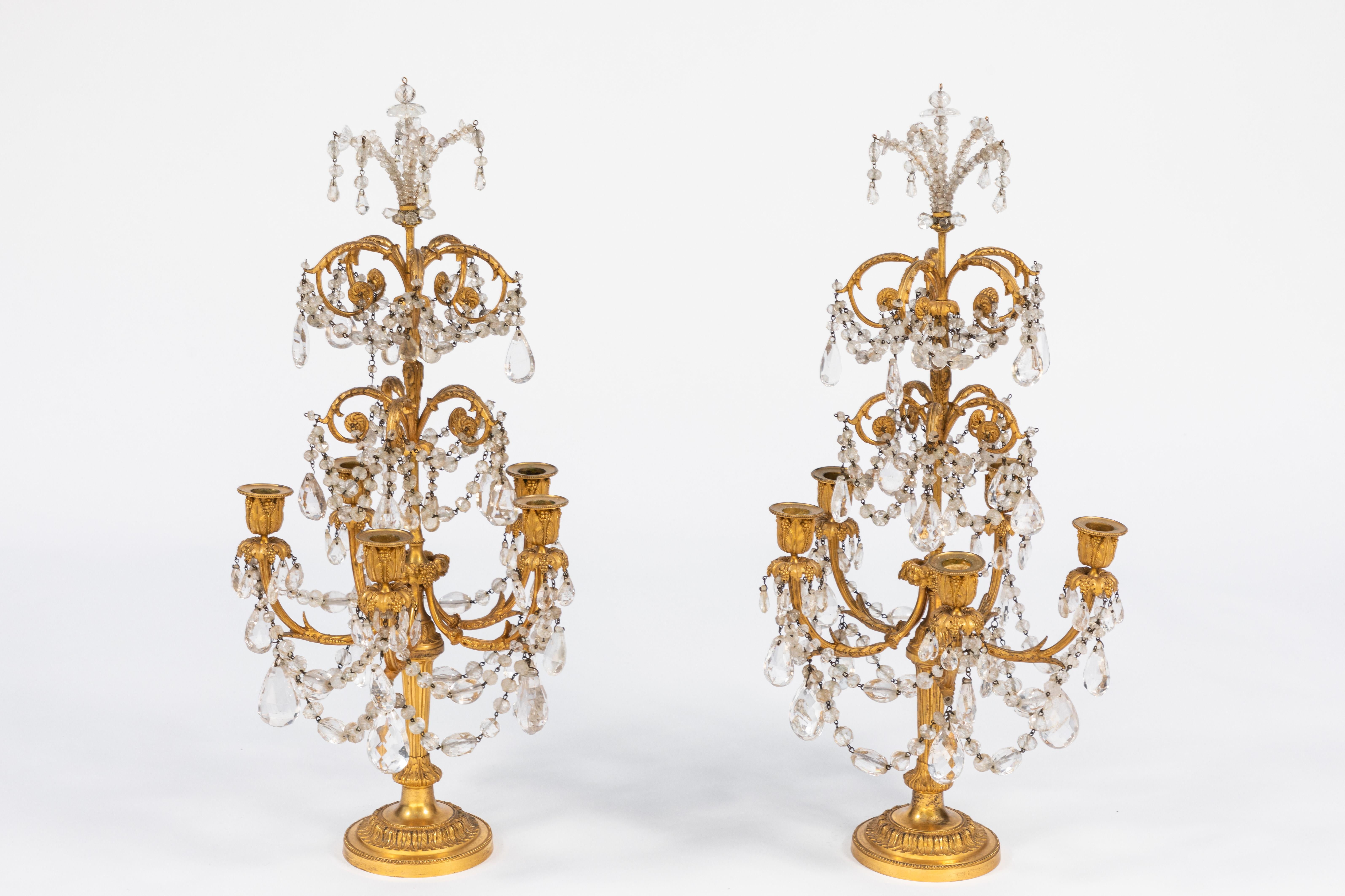 Pair of 19th Century French Doré Bronze and Rock Crystal Girandoles For Sale 7