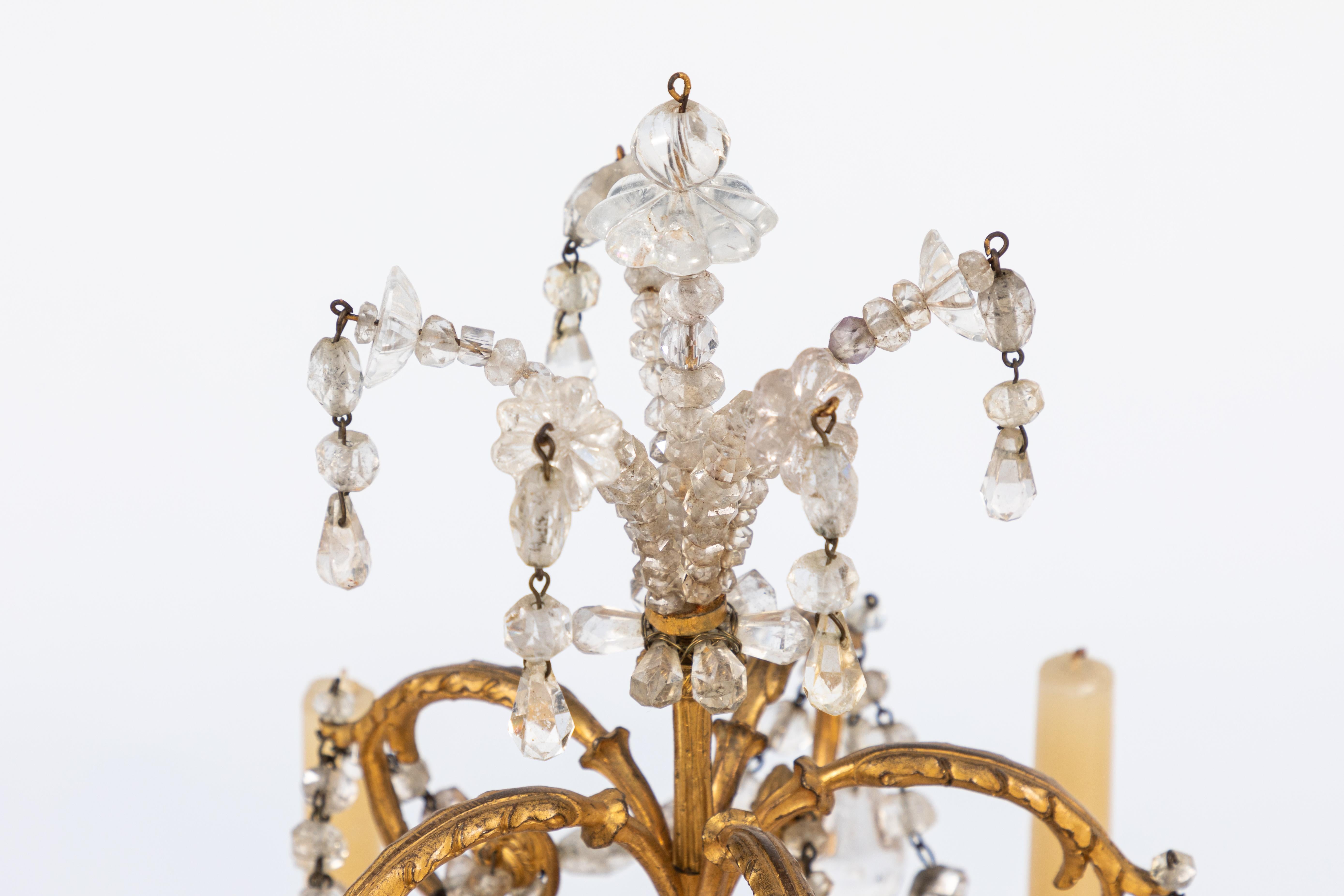 Hand-Crafted Pair of 19th Century French Doré Bronze and Rock Crystal Girandoles For Sale
