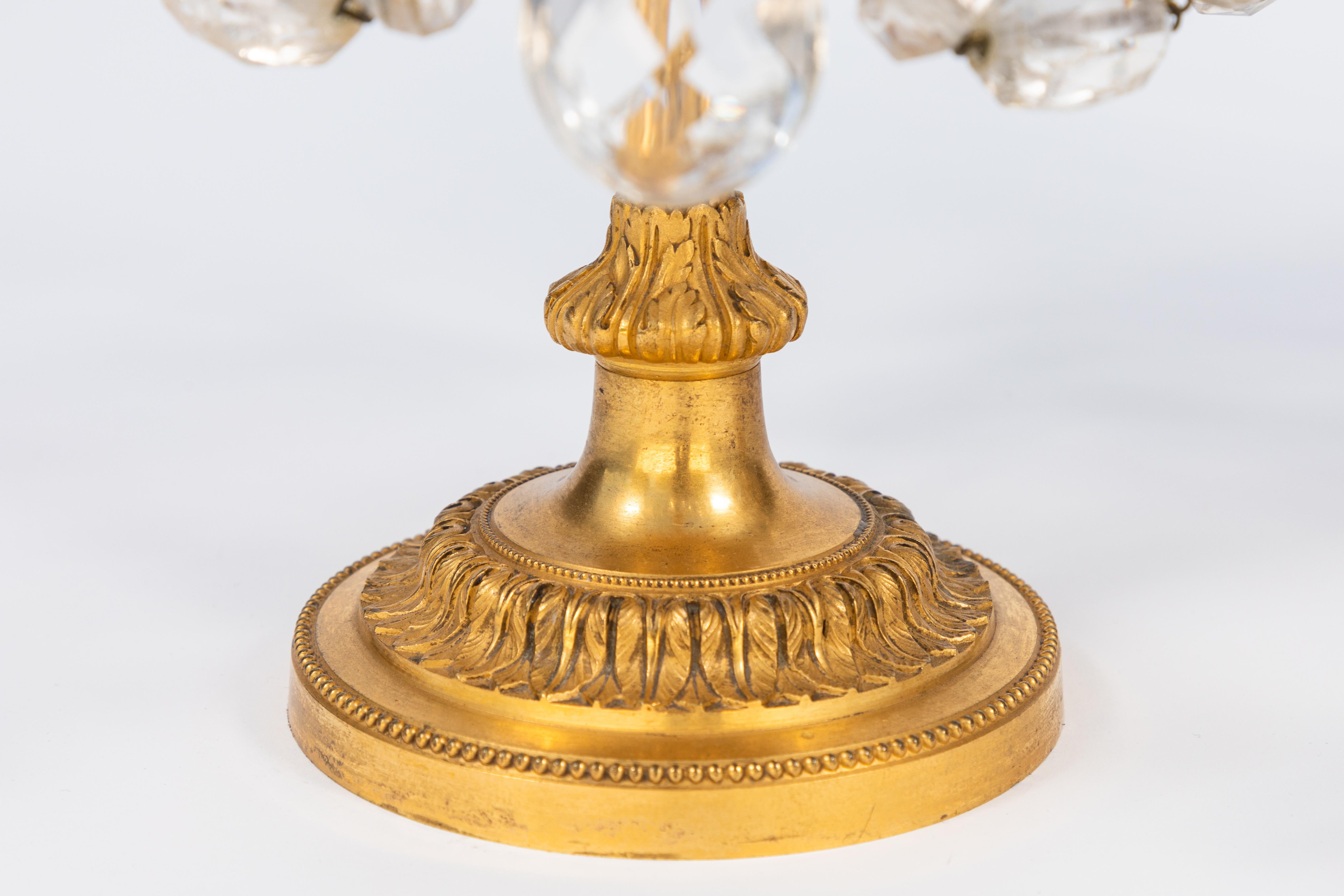 Pair of 19th Century French Doré Bronze and Rock Crystal Girandoles For Sale 1