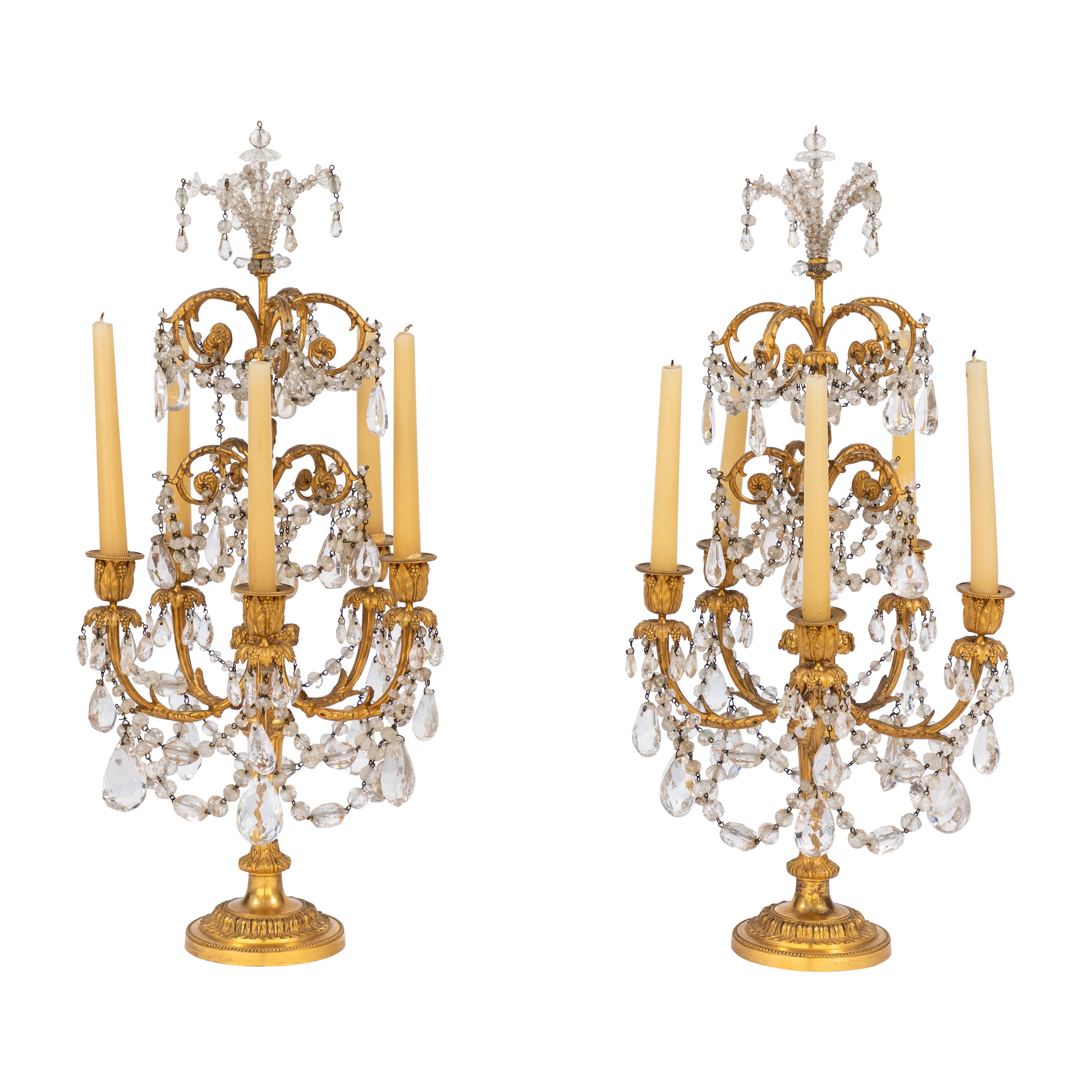 Pair of 19th Century French Doré Bronze and Rock Crystal Girandoles