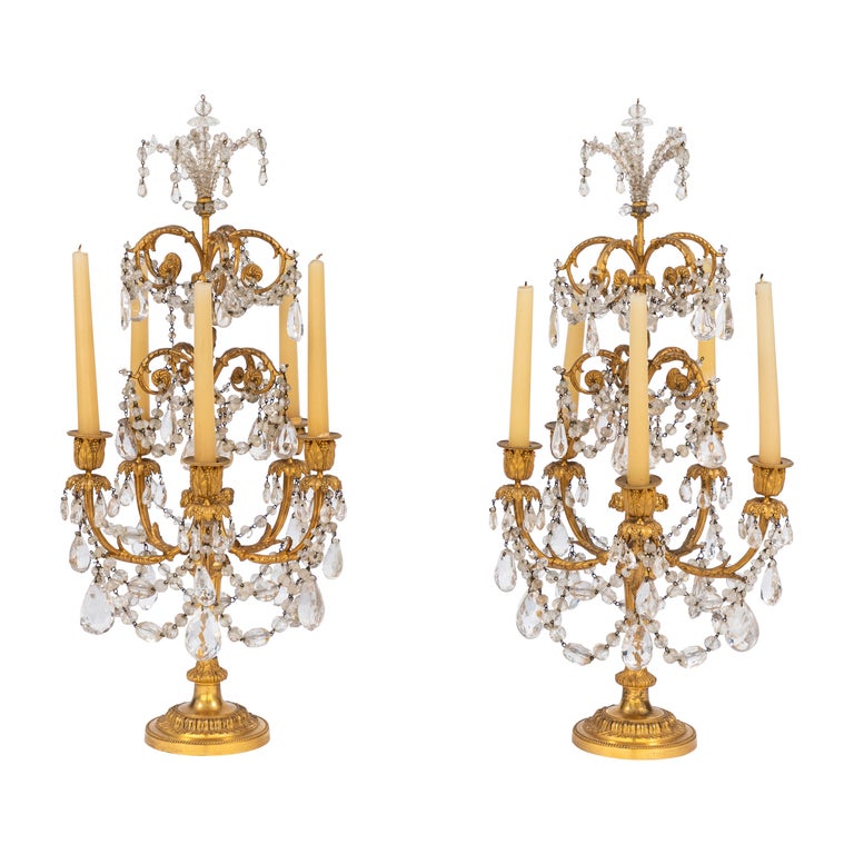Pair of 19th Century French Doré Bronze and Rock Crystal Girandoles For Sale