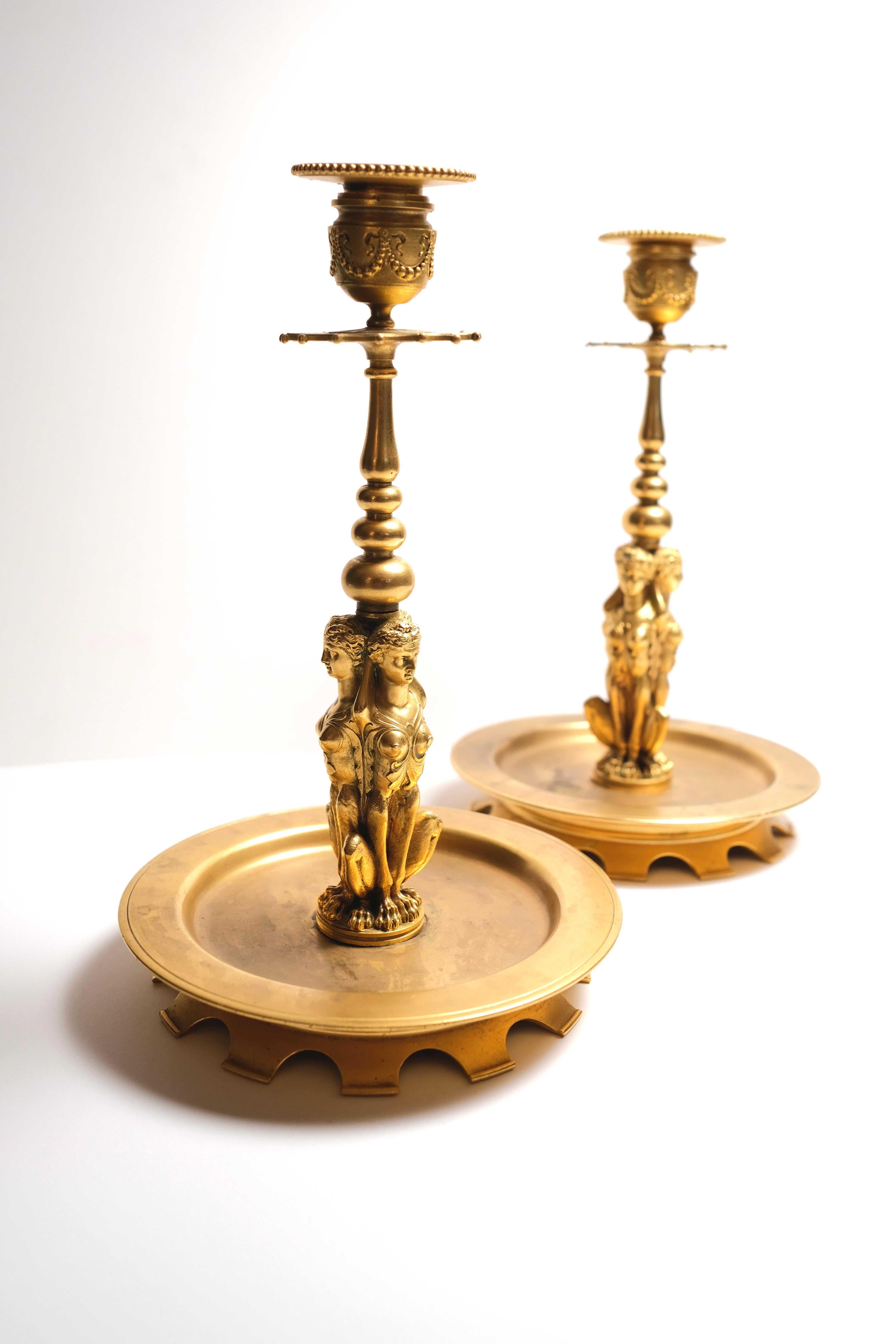 Pair of 19th Century French Doré Bronze Candlesticks For Sale 1