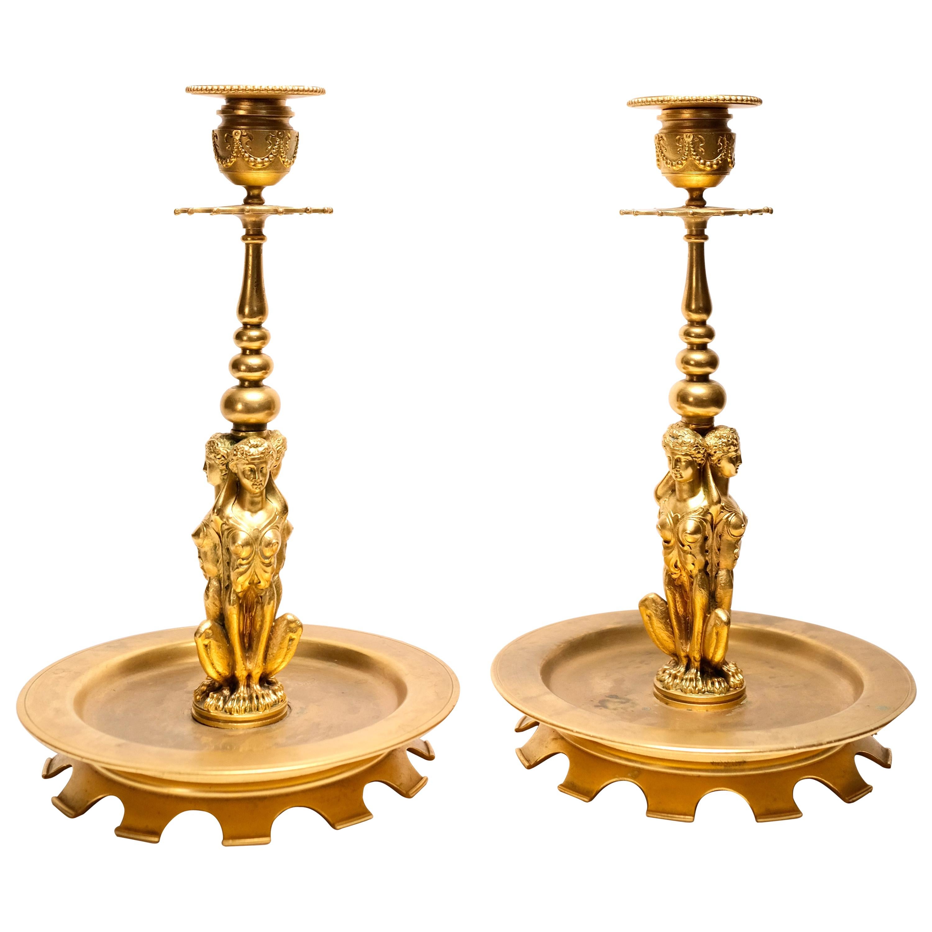 Pair of 19th Century French Doré Bronze Candlesticks