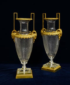 Pair of 19th Century French Dore Bronze Mounted Crystal Vases Attb to Baccarat