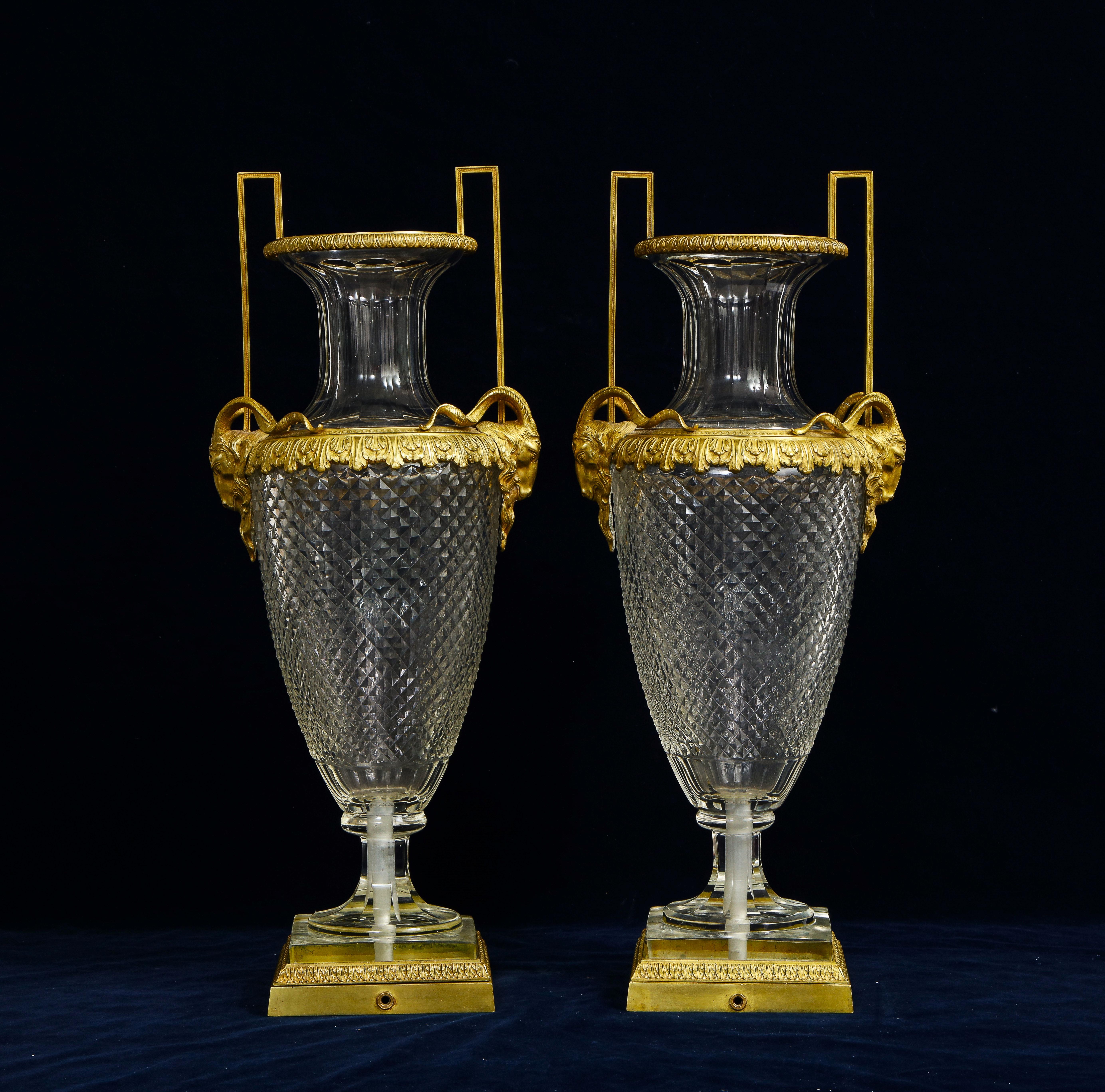 Louis XVI Pair of 19th Century French Dore Bronze Mounted Crystal Vases Attb to Baccarat For Sale