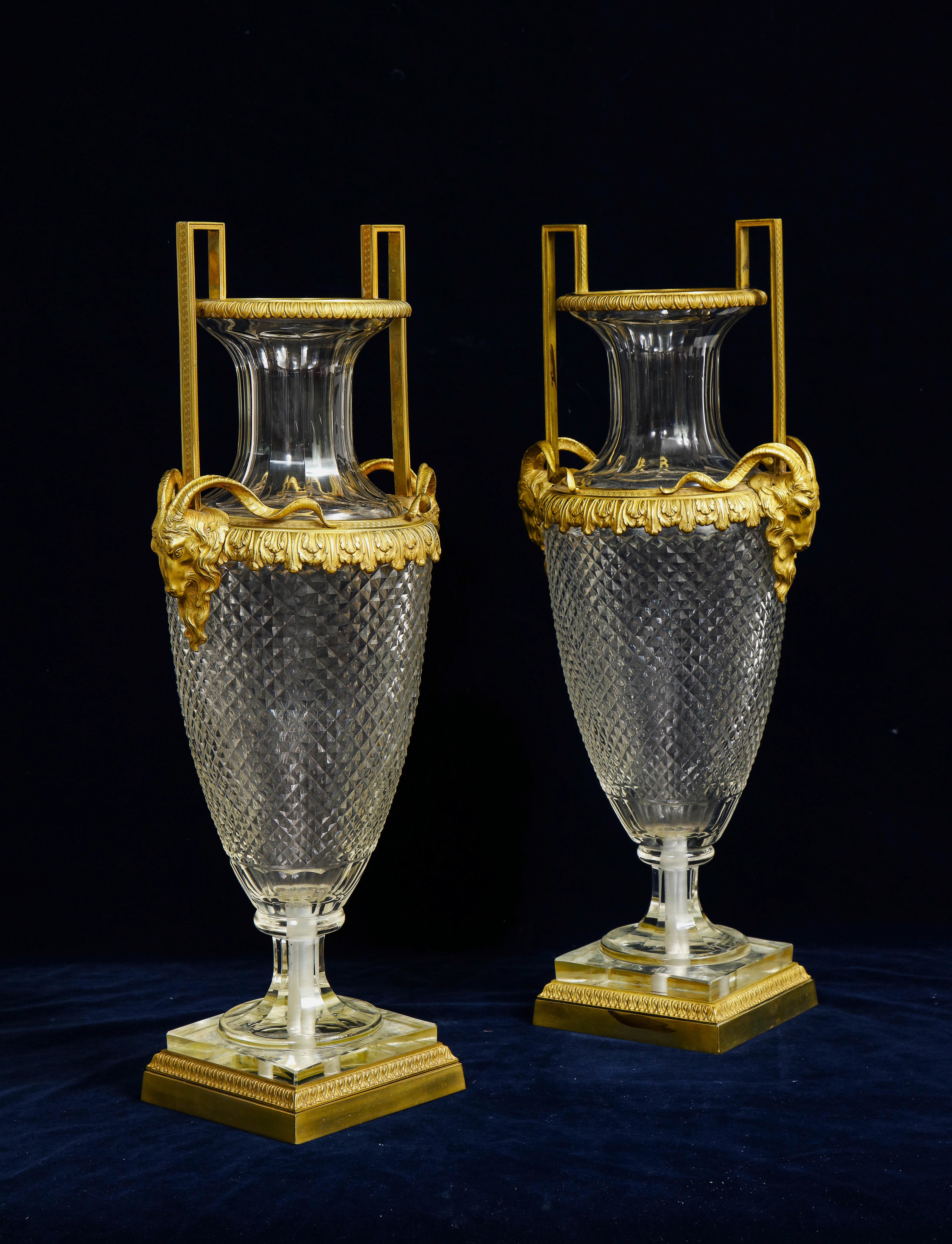 Hand-Carved Pair of 19th Century French Dore Bronze Mounted Crystal Vases Attb to Baccarat For Sale