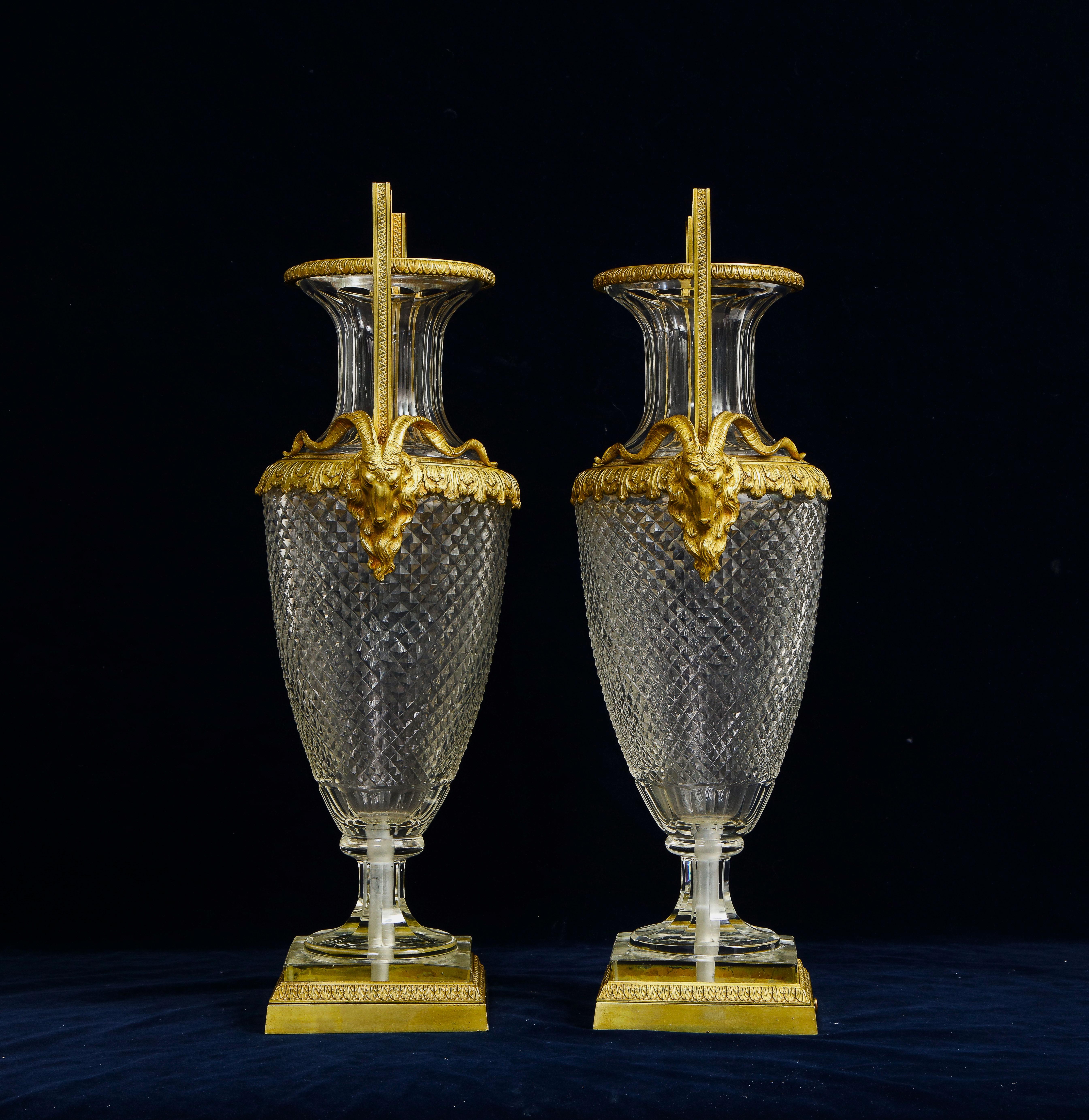 Pair of 19th Century French Dore Bronze Mounted Crystal Vases Attb to Baccarat For Sale 1