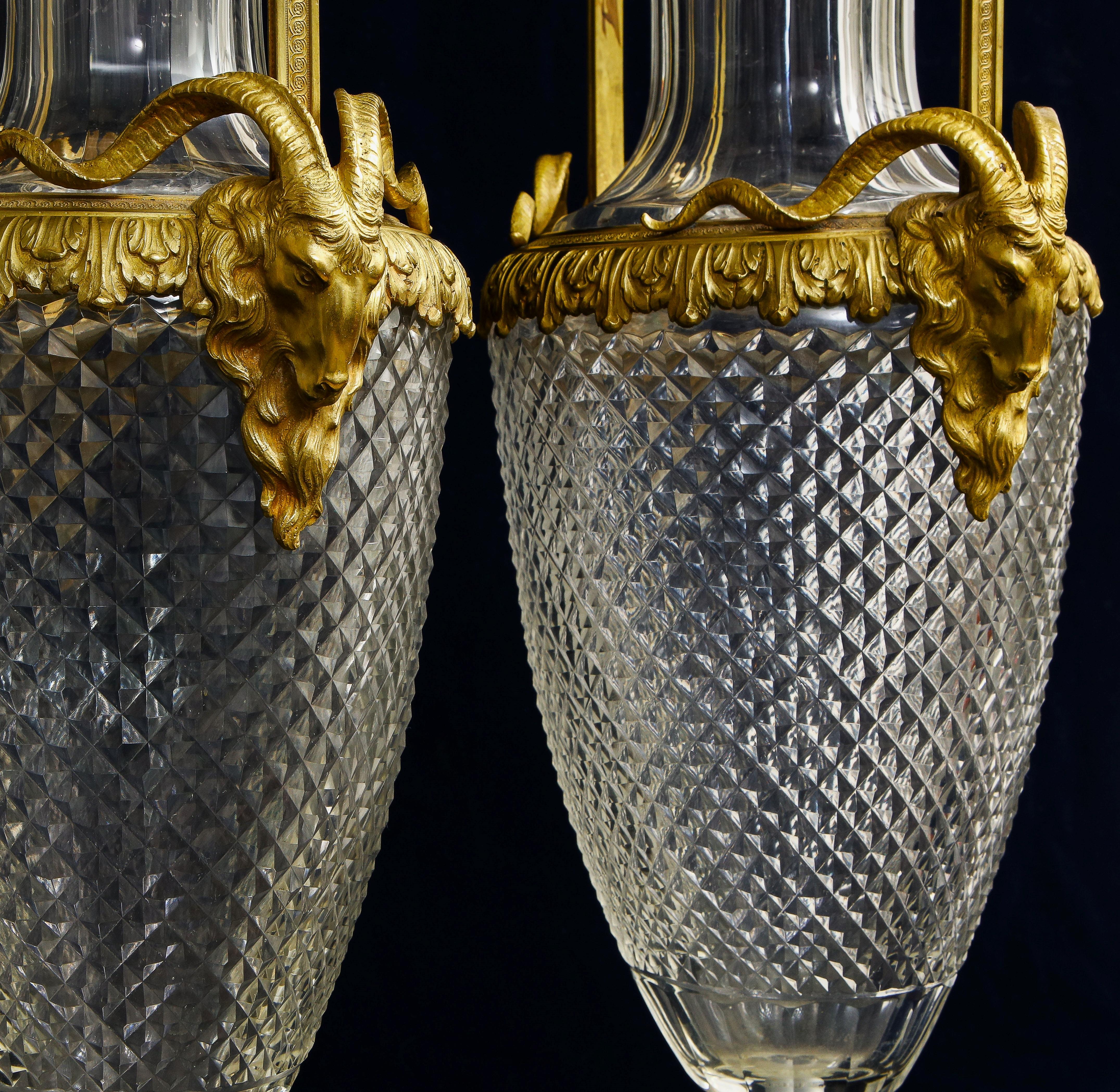 Pair of 19th Century French Dore Bronze Mounted Crystal Vases Attb to Baccarat For Sale 3