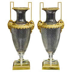 Pair of 19th Century French Dore Bronze Mounted Crystal Vases Attb to Baccarat