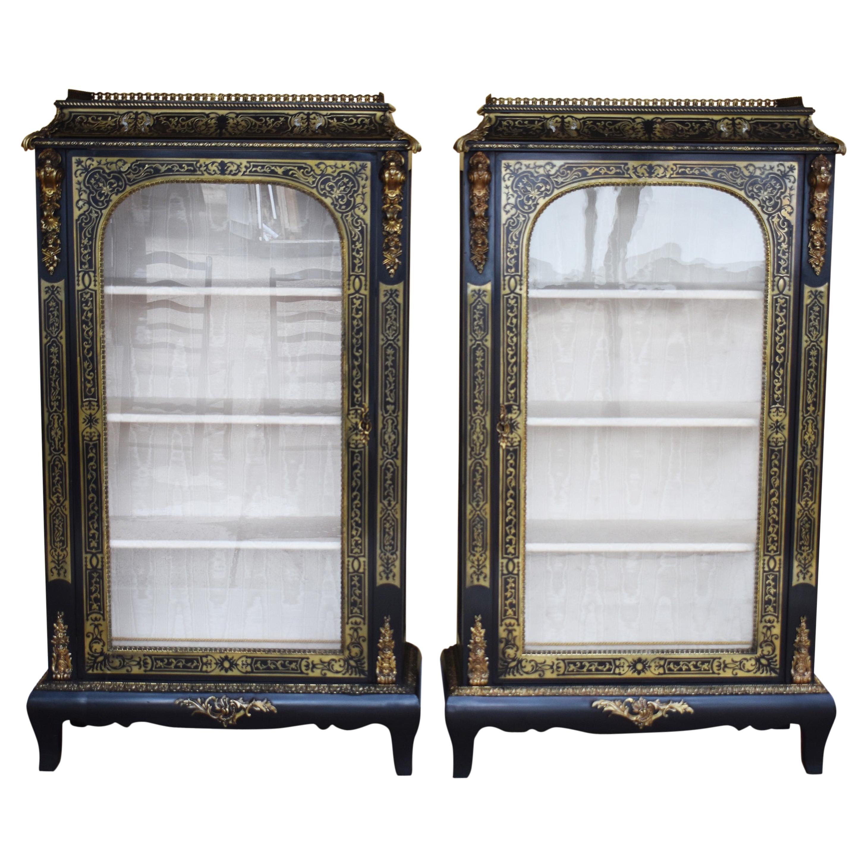 Pair of 19th Century French Ebonised Boulle Cabinets For Sale