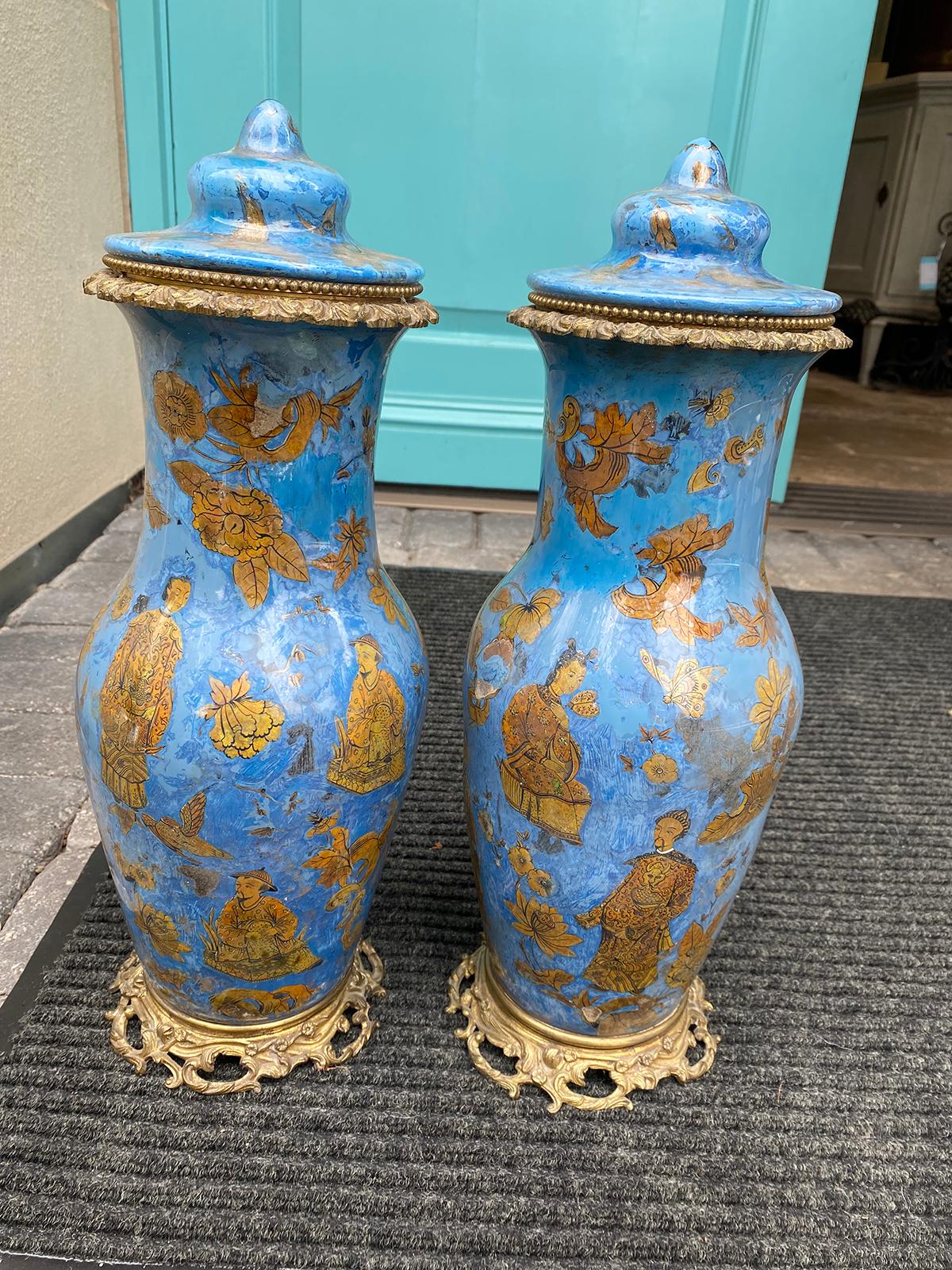 Pair of 19th Century French Églomisé Chinoiserie Covered Vases, Bronze Mounts 8