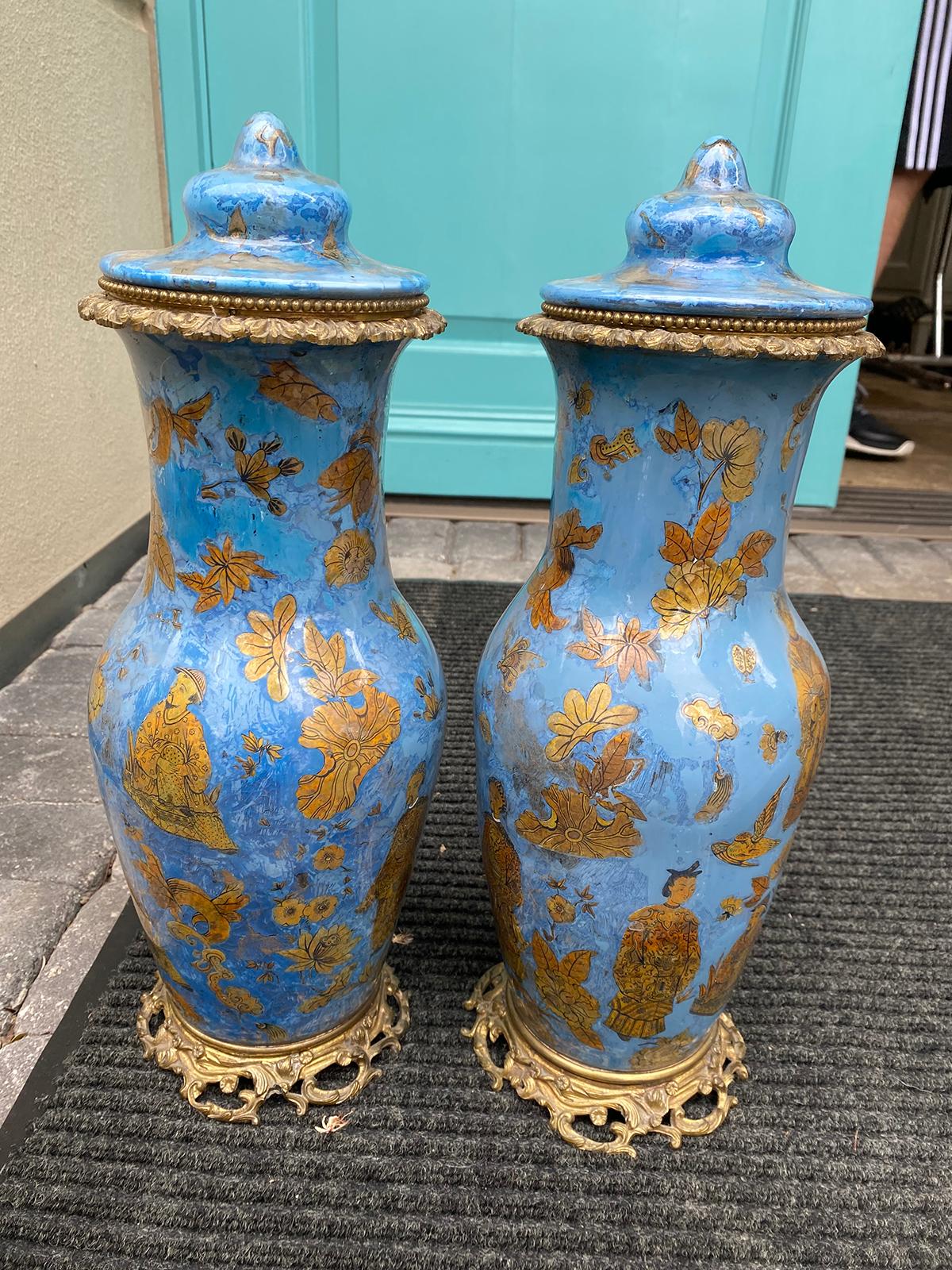 Pair of 19th Century French Églomisé Chinoiserie Covered Vases, Bronze Mounts 9