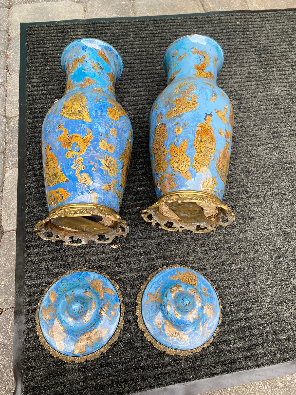 Pair of 19th Century French Églomisé Chinoiserie Covered Vases, Bronze Mounts 15