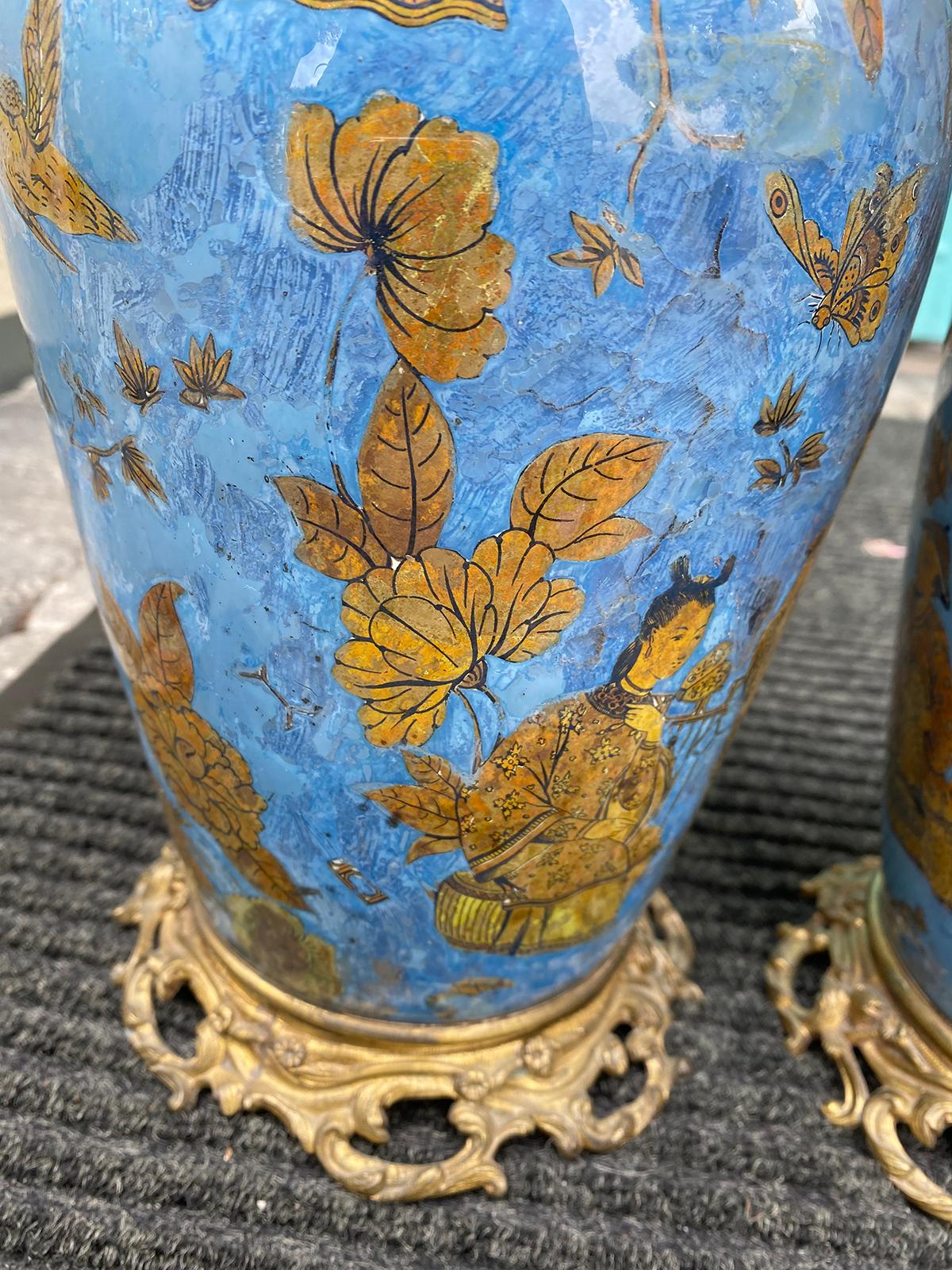 Pair of 19th Century French Églomisé Chinoiserie Covered Vases, Bronze Mounts 6