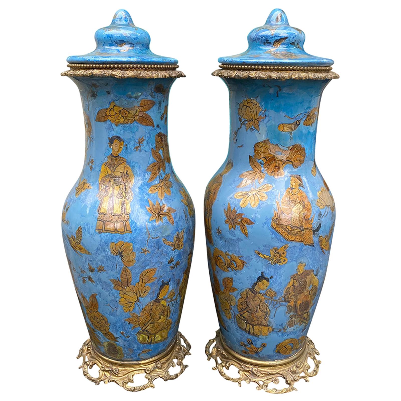 Pair of 19th Century French Églomisé Chinoiserie Covered Vases, Bronze Mounts