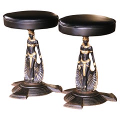 Pair of 19th Century French Egyptian Revival Iron Stools with Leather Seats