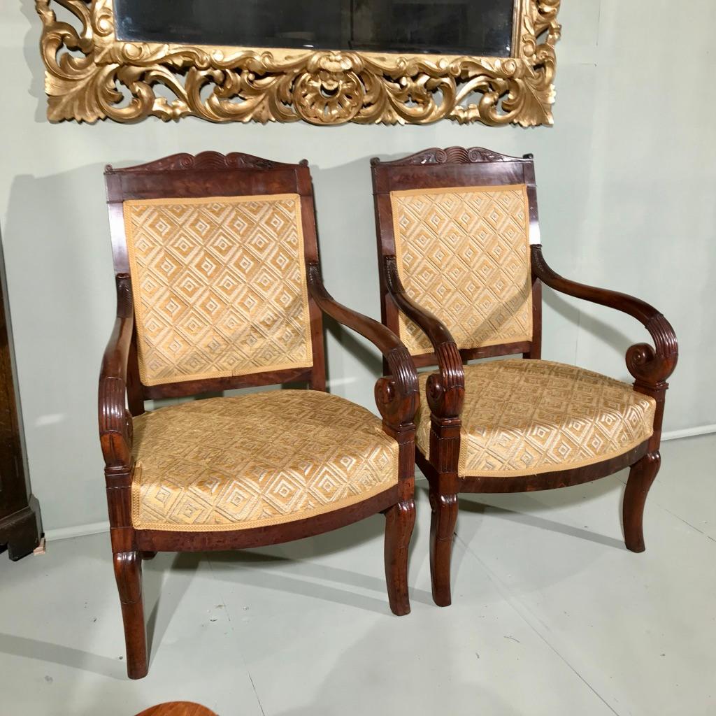 Hand-Carved Pair of 19th Century French Empire Armchairs Fully Reupholstered