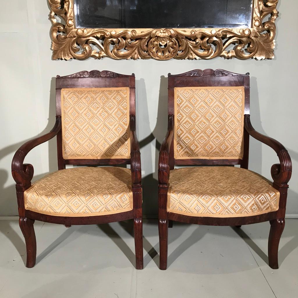 Mahogany Pair of 19th Century French Empire Armchairs Fully Reupholstered