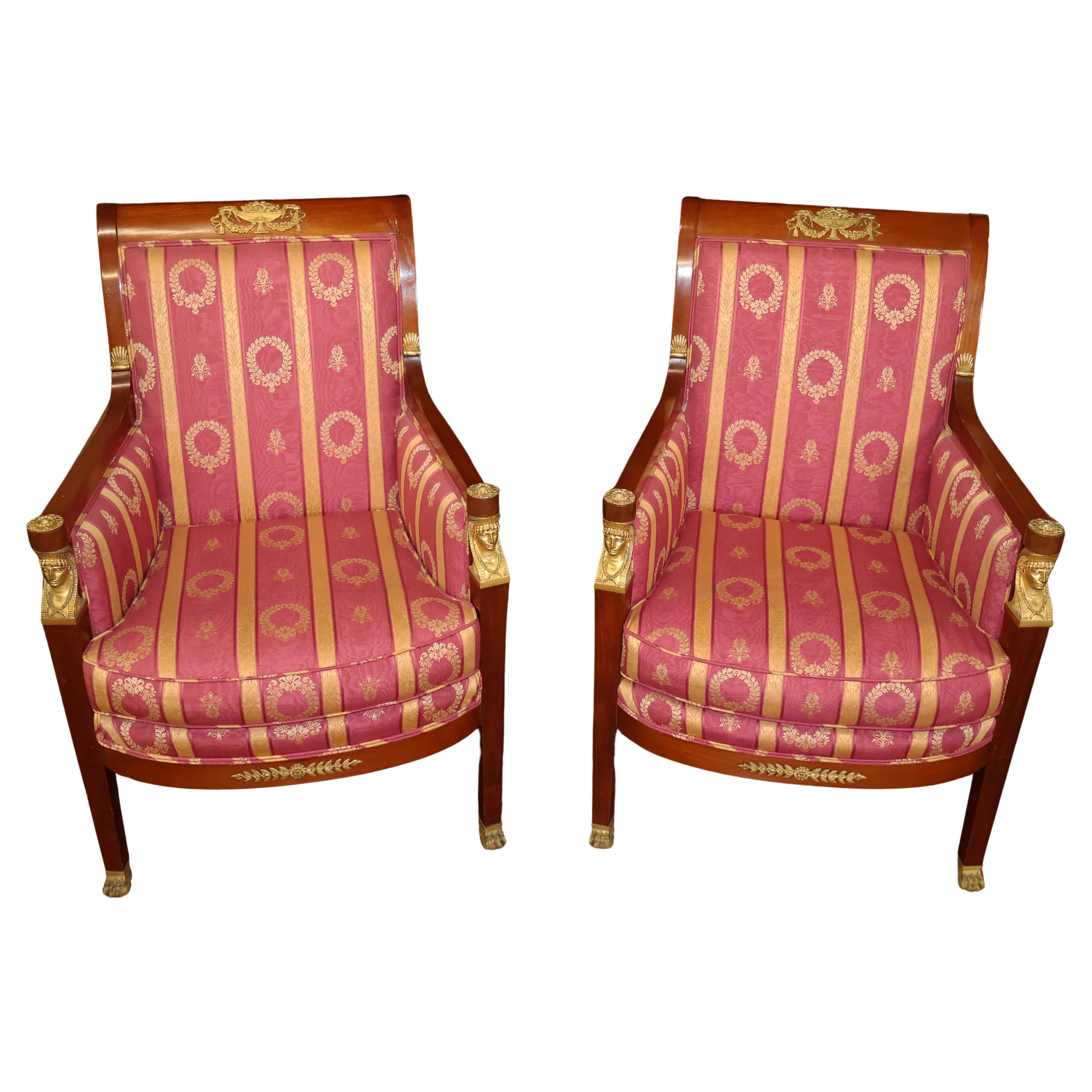 Pair of 19th Century French Empire Bergere Chairs Attributed to Francois Linke