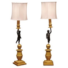 Pair of 19th Century French Empire Bronze Candlesticks, wired as Lamps