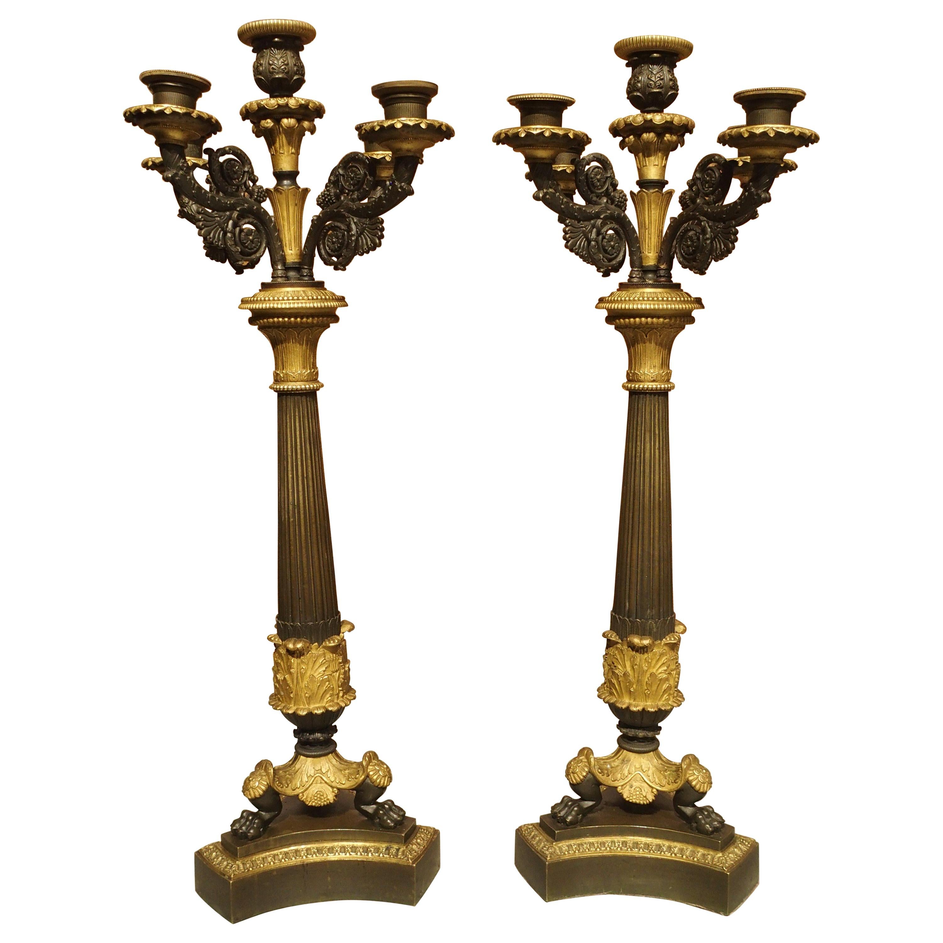 Pair of 19th Century French Empire Candelabra with Tripartite Lion Paw Feet For Sale