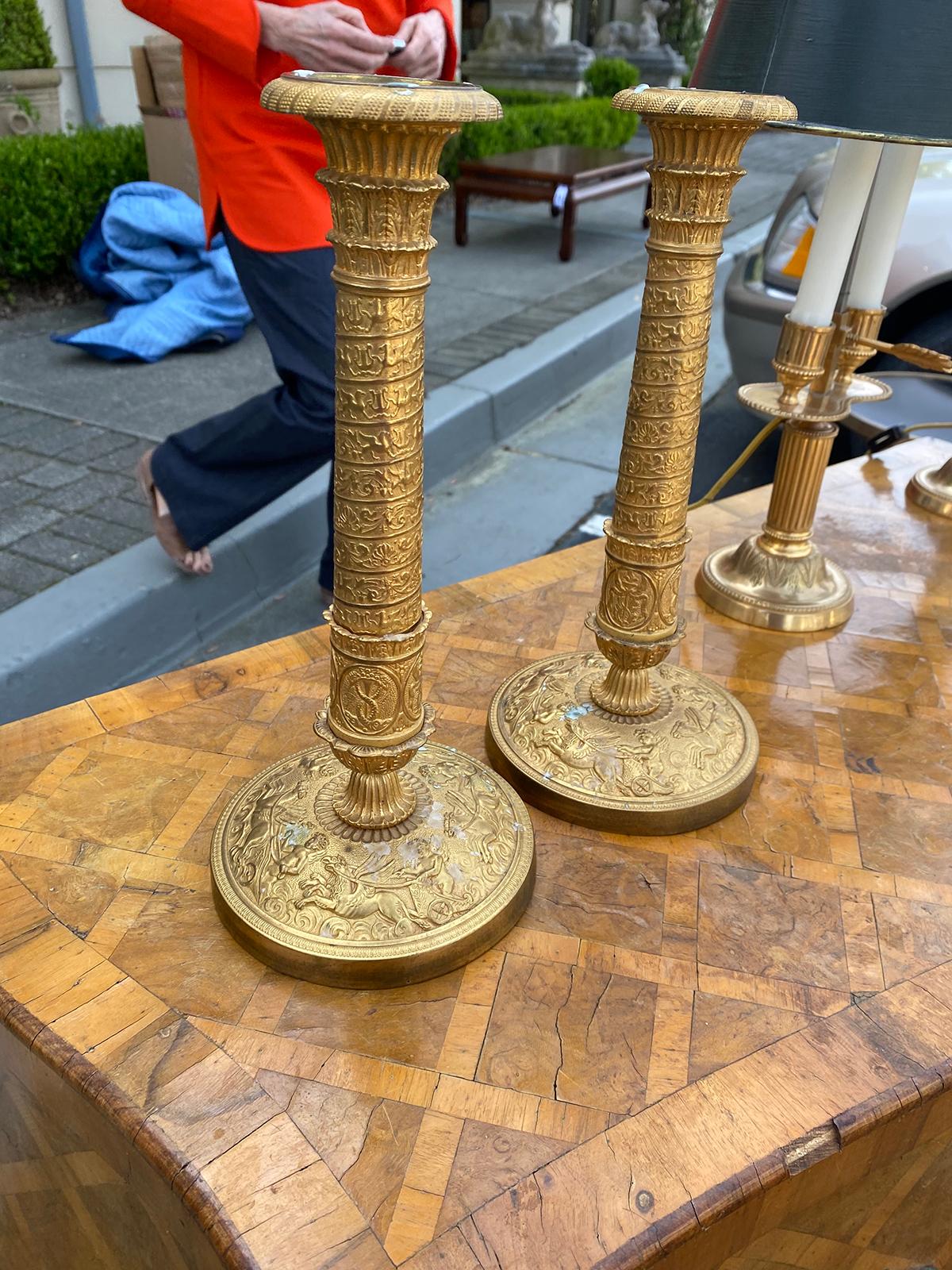 Metal Pair of 19th Century French Empire Charles X Gilt Candlesticks