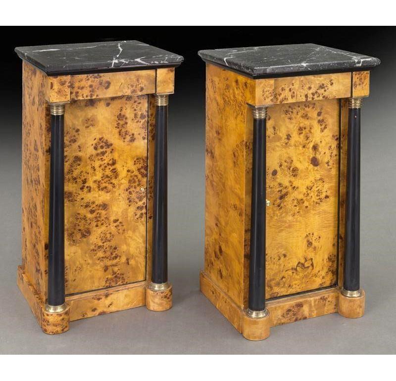 Pair of 19th Century French Empire Elm and Ebonized Nightstands with Marble 2