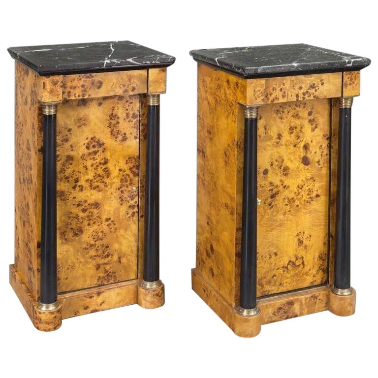 Pair of 19th Century French Empire Elm and Ebonized Nightstands with Marble