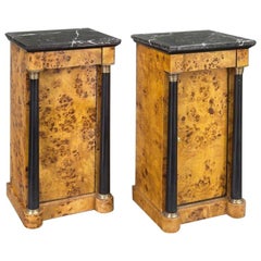 Antique Pair of 19th Century French Empire Elm and Ebonized Nightstands with Marble