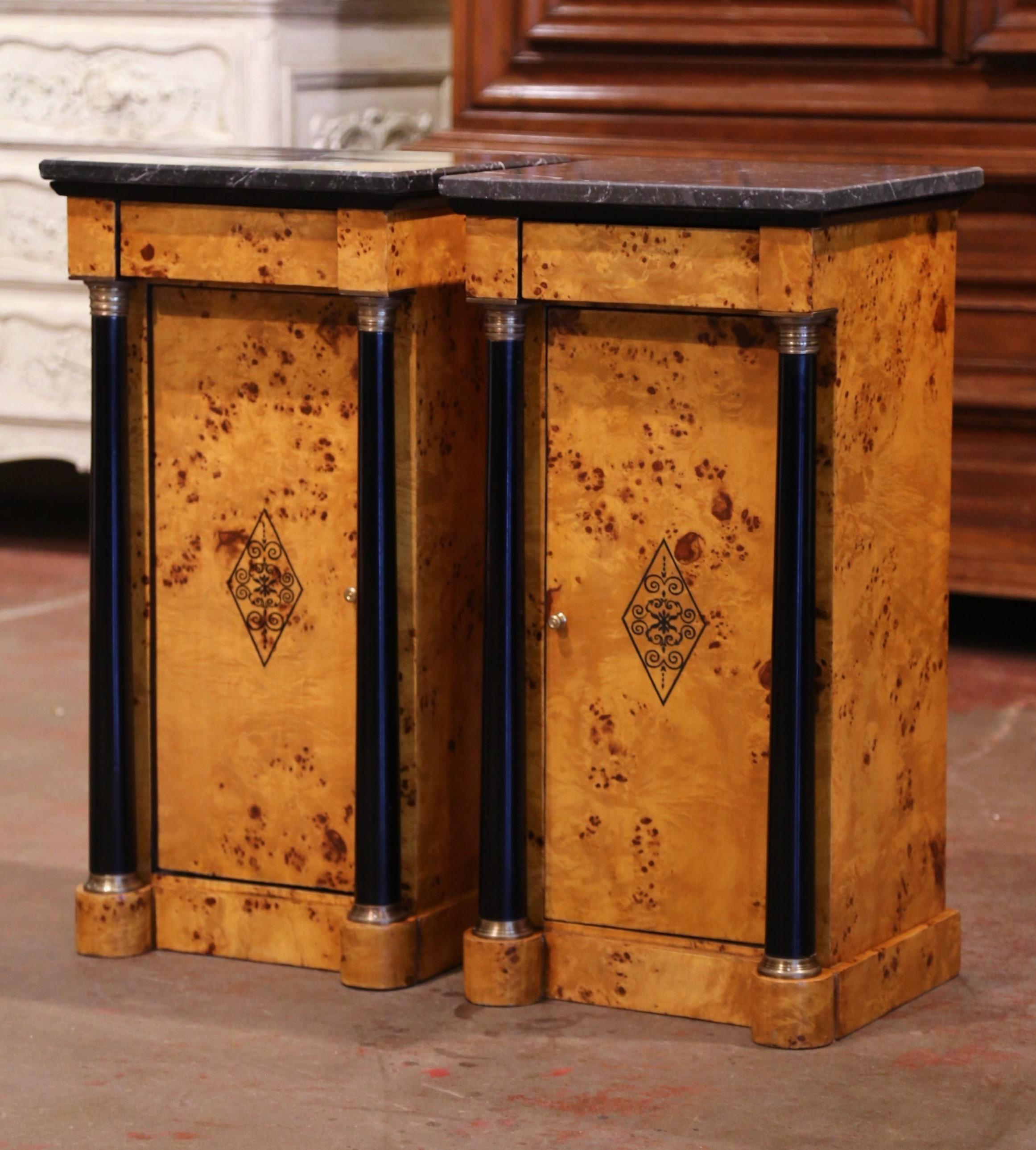Pair of 19th Century French Empire Elm and Ebonized Nightstands with Marble Tops In Excellent Condition In Dallas, TX